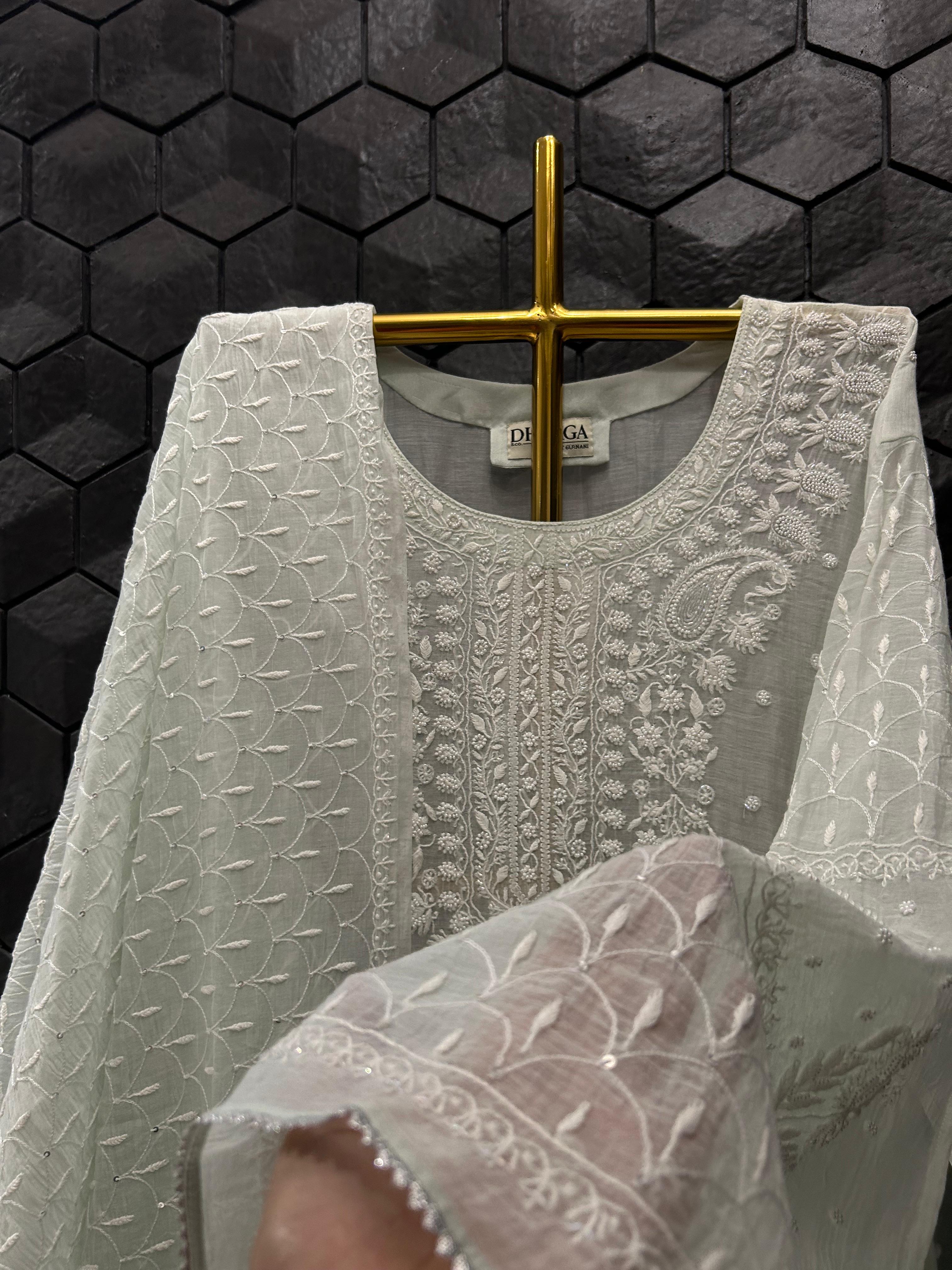 Green Mul Chanderi Chikankari Kurta Set