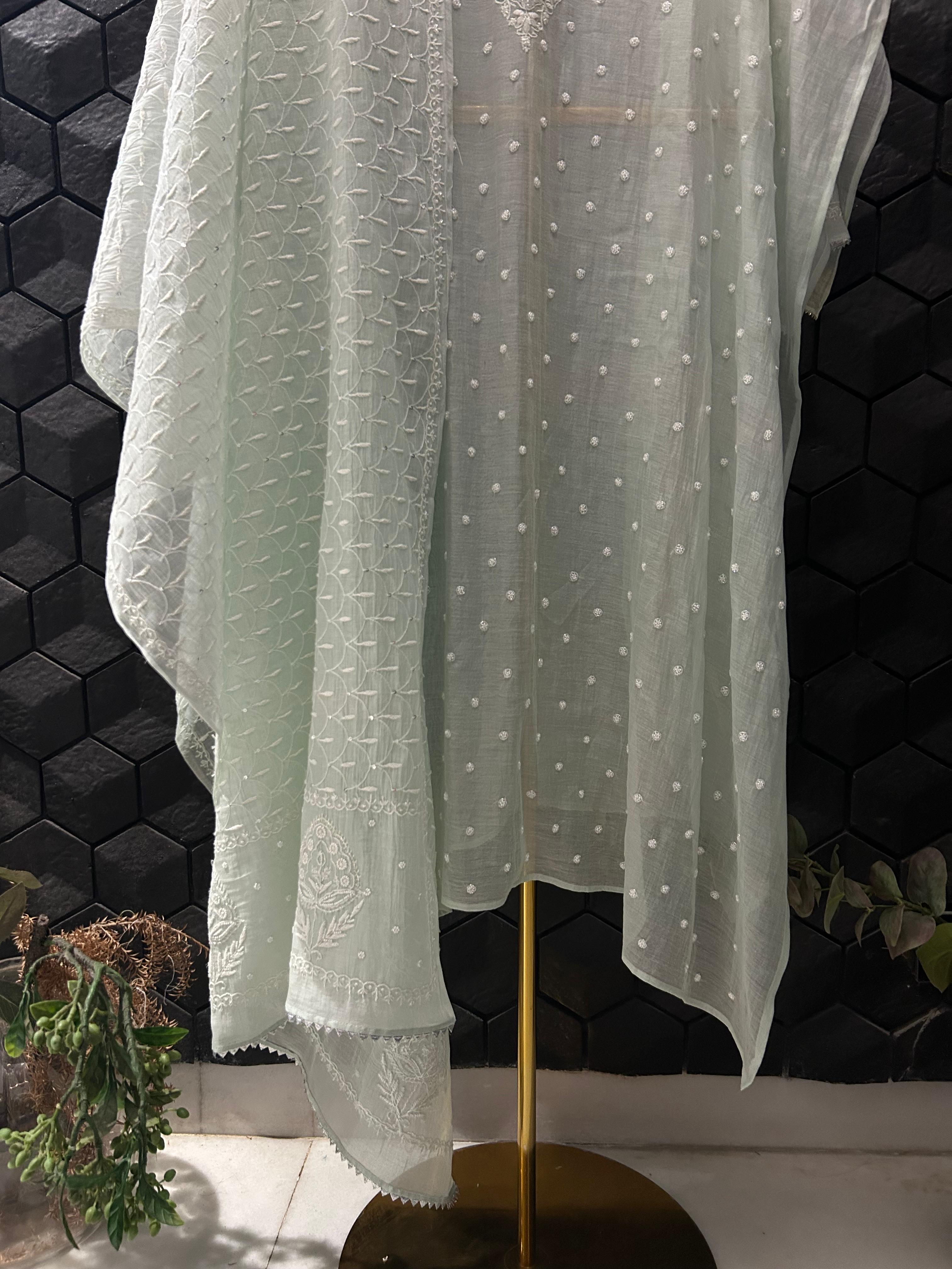Green Mul Chanderi Chikankari Kurta Set