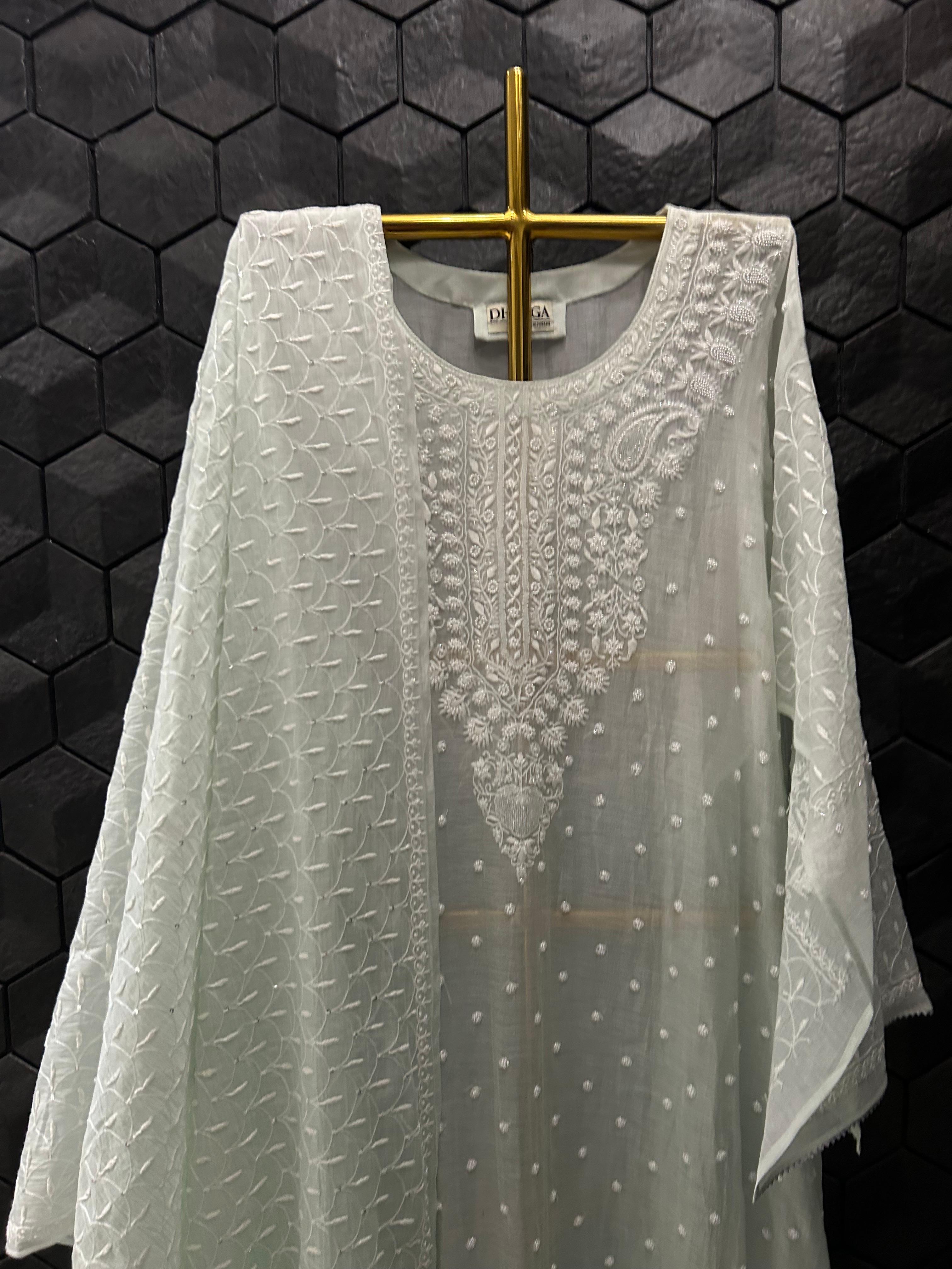 Green Mul Chanderi Chikankari Kurta Set