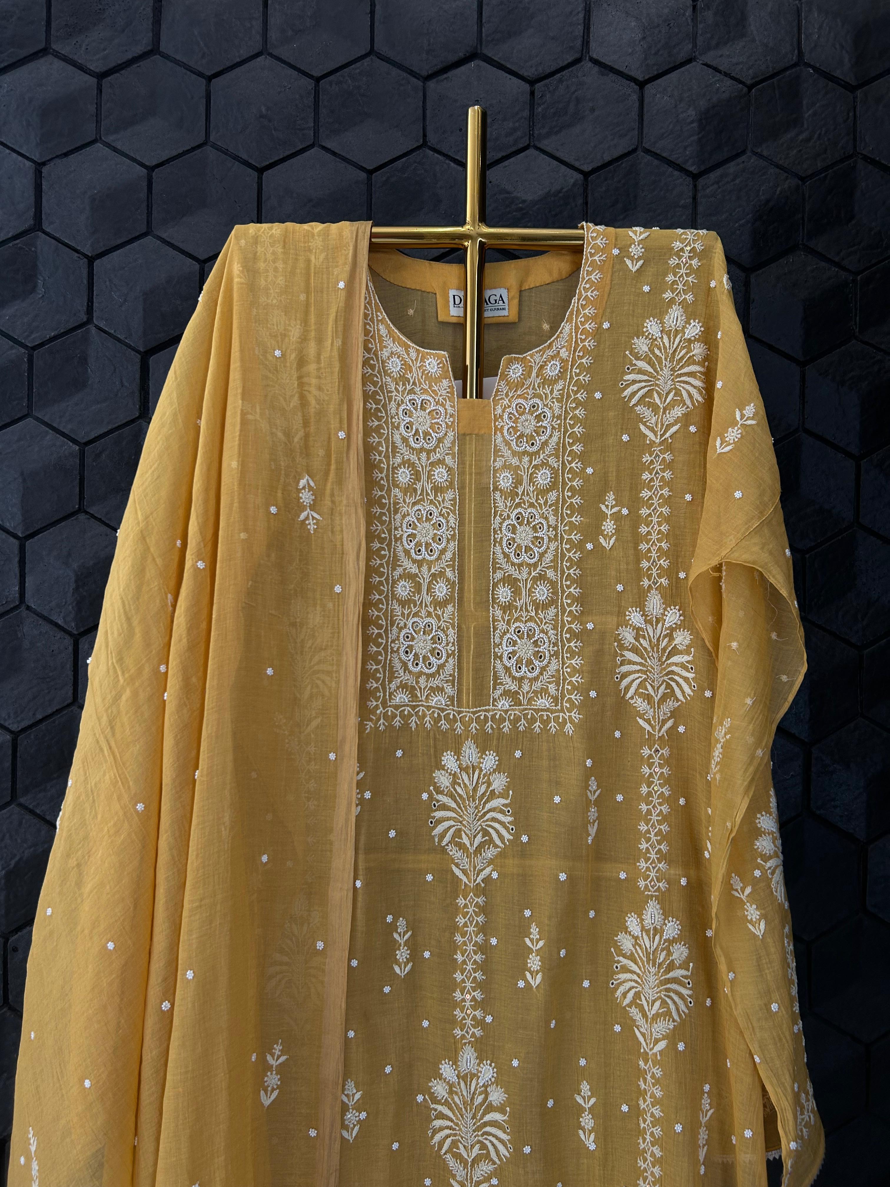 Mustard Golden Tissue Chikankari Kurta Set