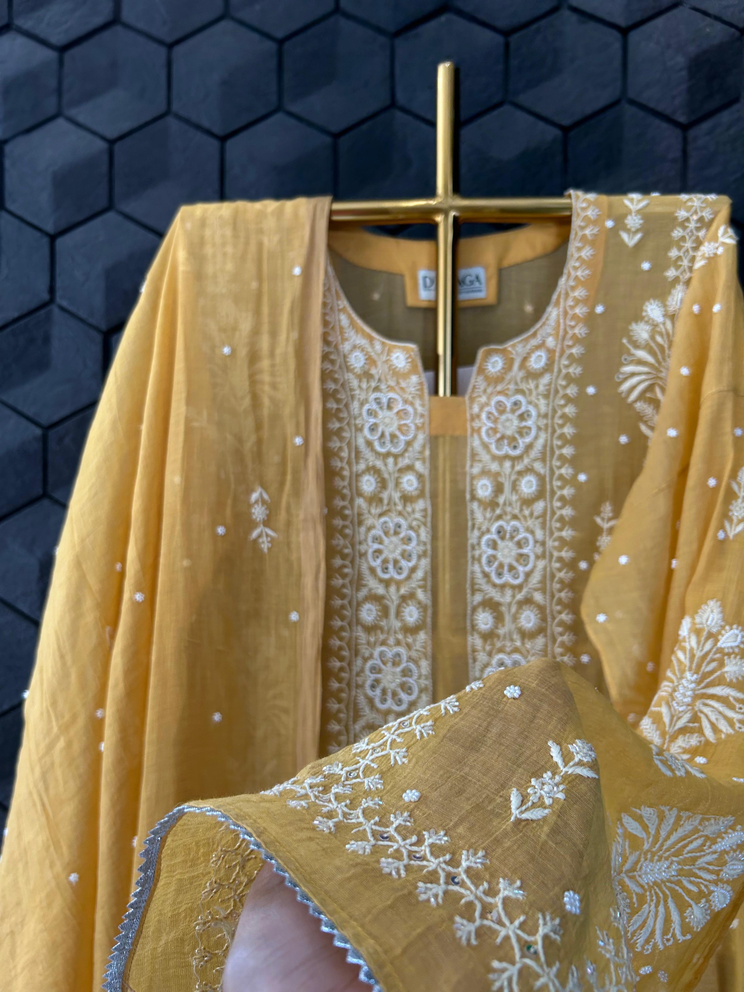 Mustard Golden Tissue Chikankari Kurta Set