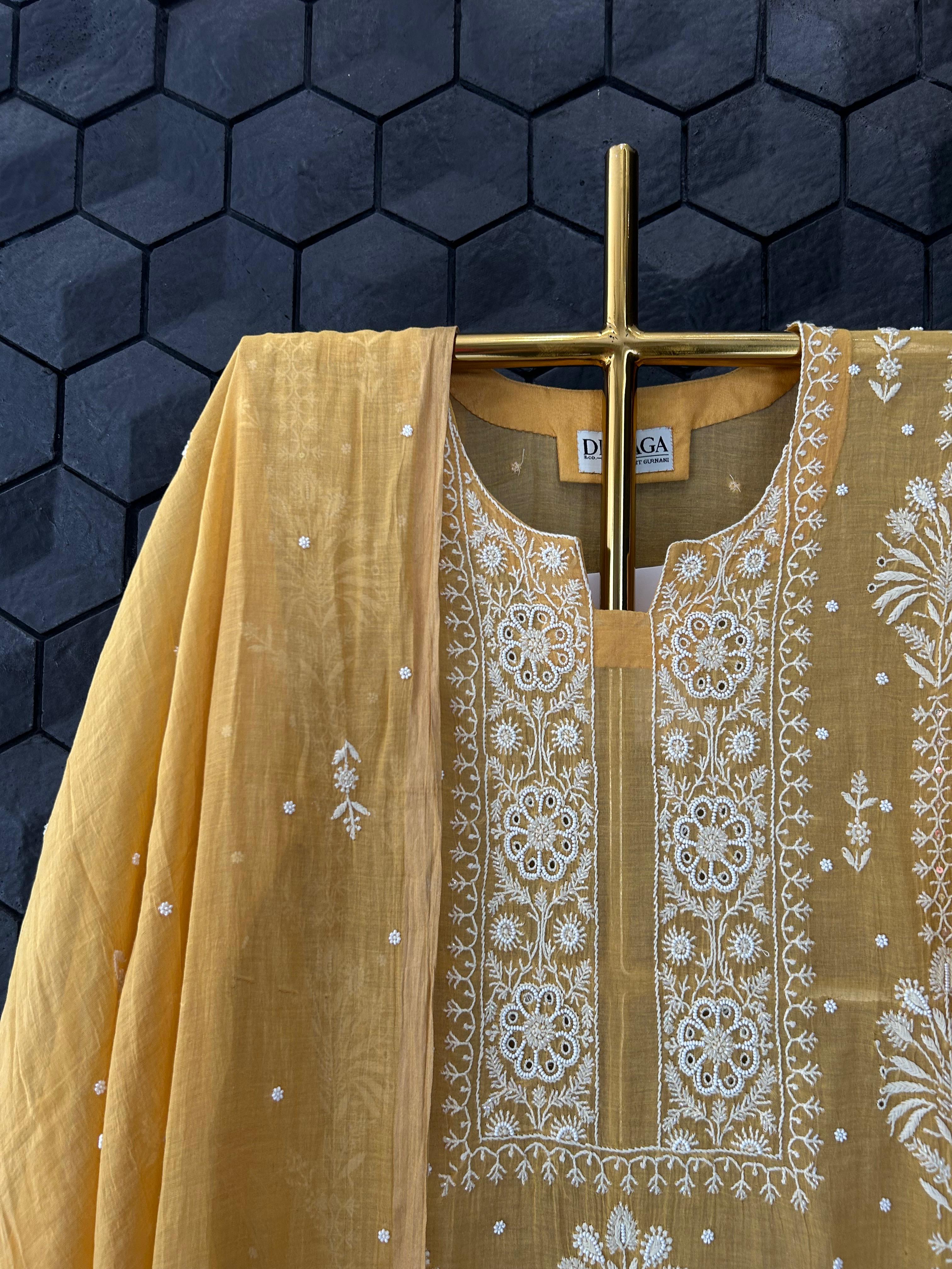Mustard Golden Tissue Chikankari Kurta Set