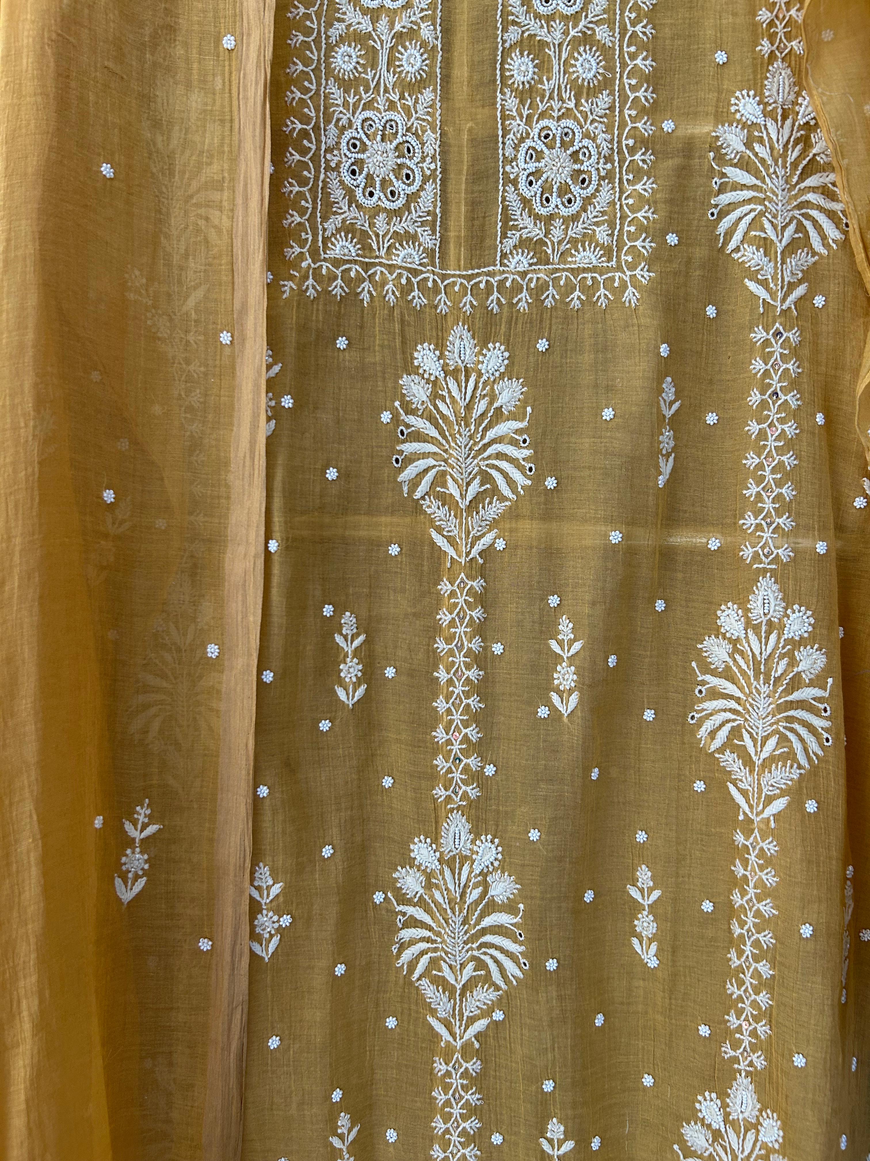 Mustard Golden Tissue Chikankari Kurta Set