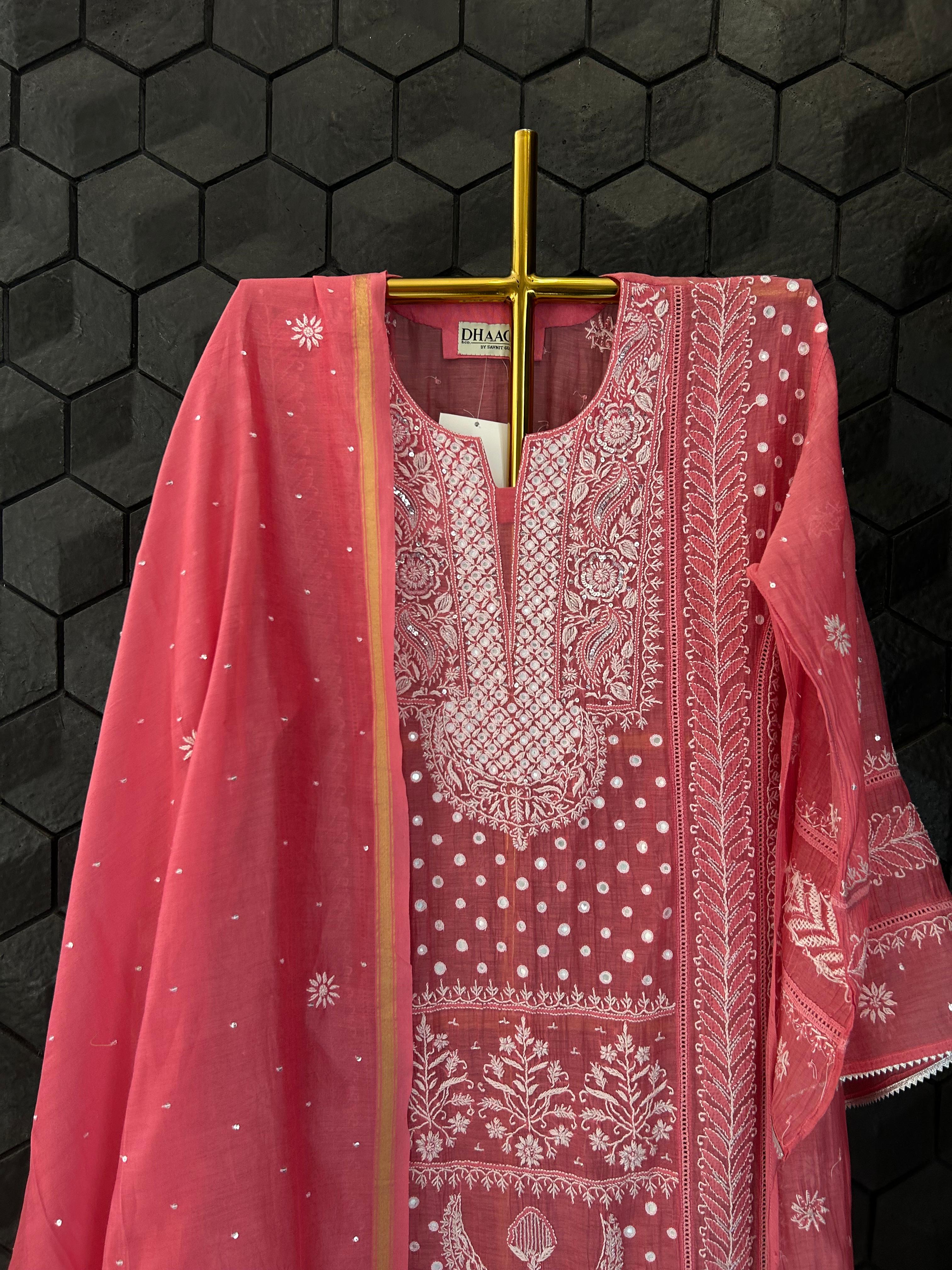 Pink Mirror Mul Chanderi Chikankari Kurta Set