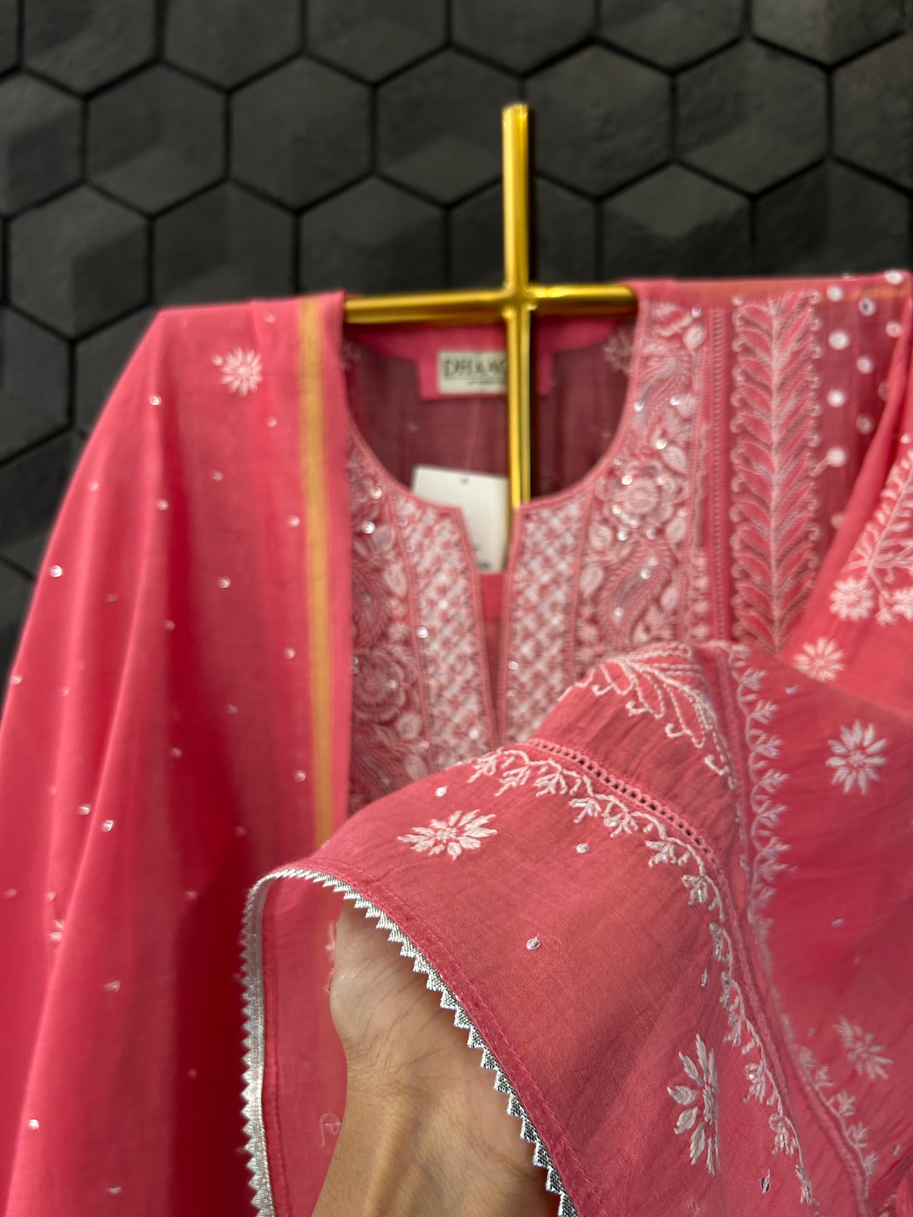 Pink Mirror Mul Chanderi Chikankari Kurta Set