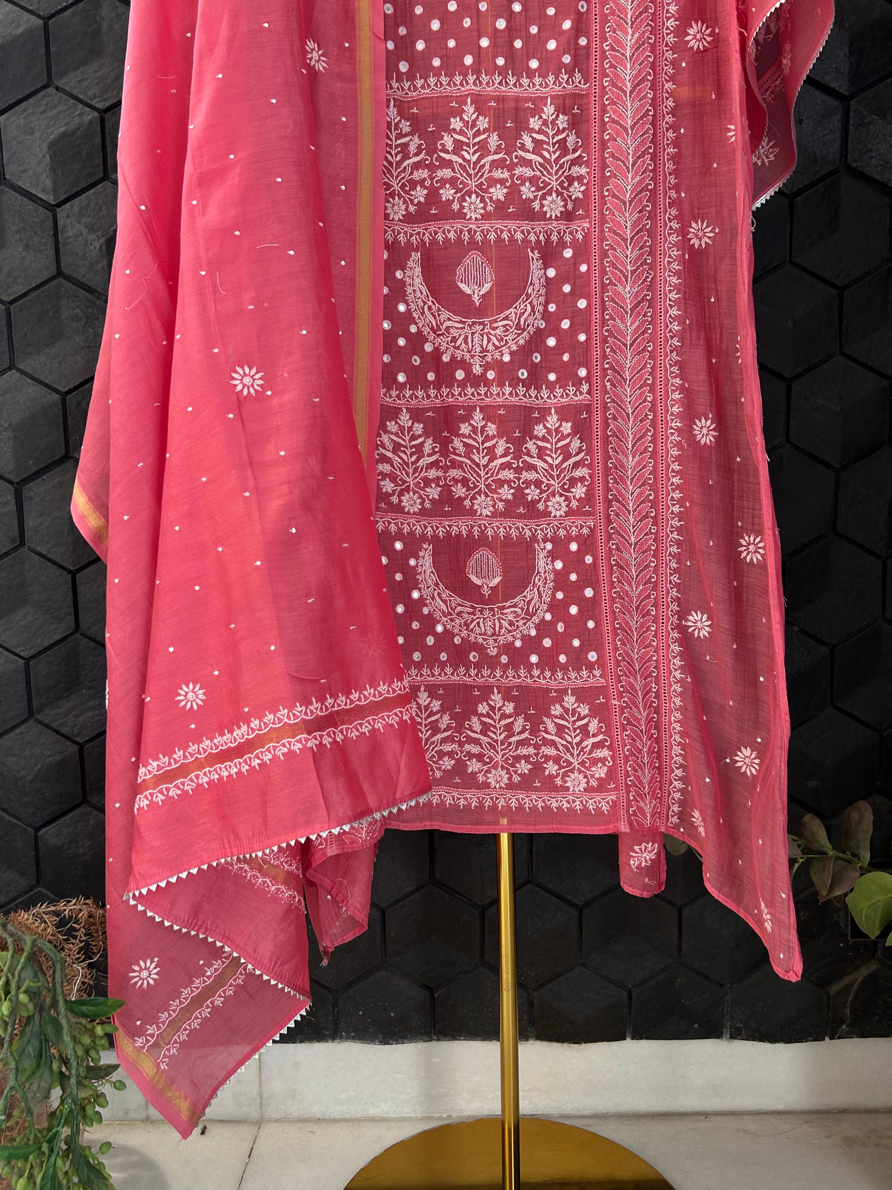 Pink Mirror Mul Chanderi Chikankari Kurta Set