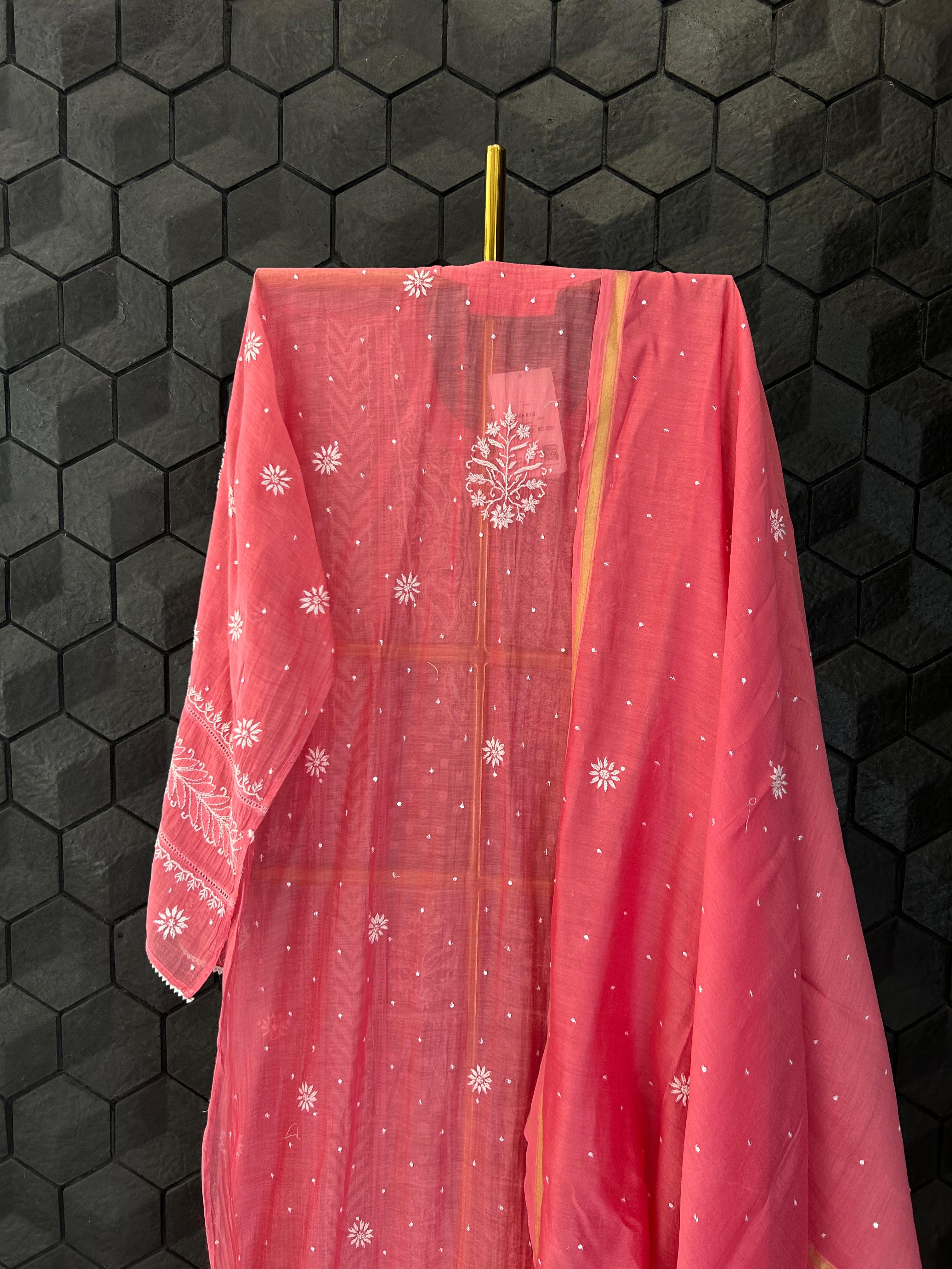 Pink Mirror Mul Chanderi Chikankari Kurta Set