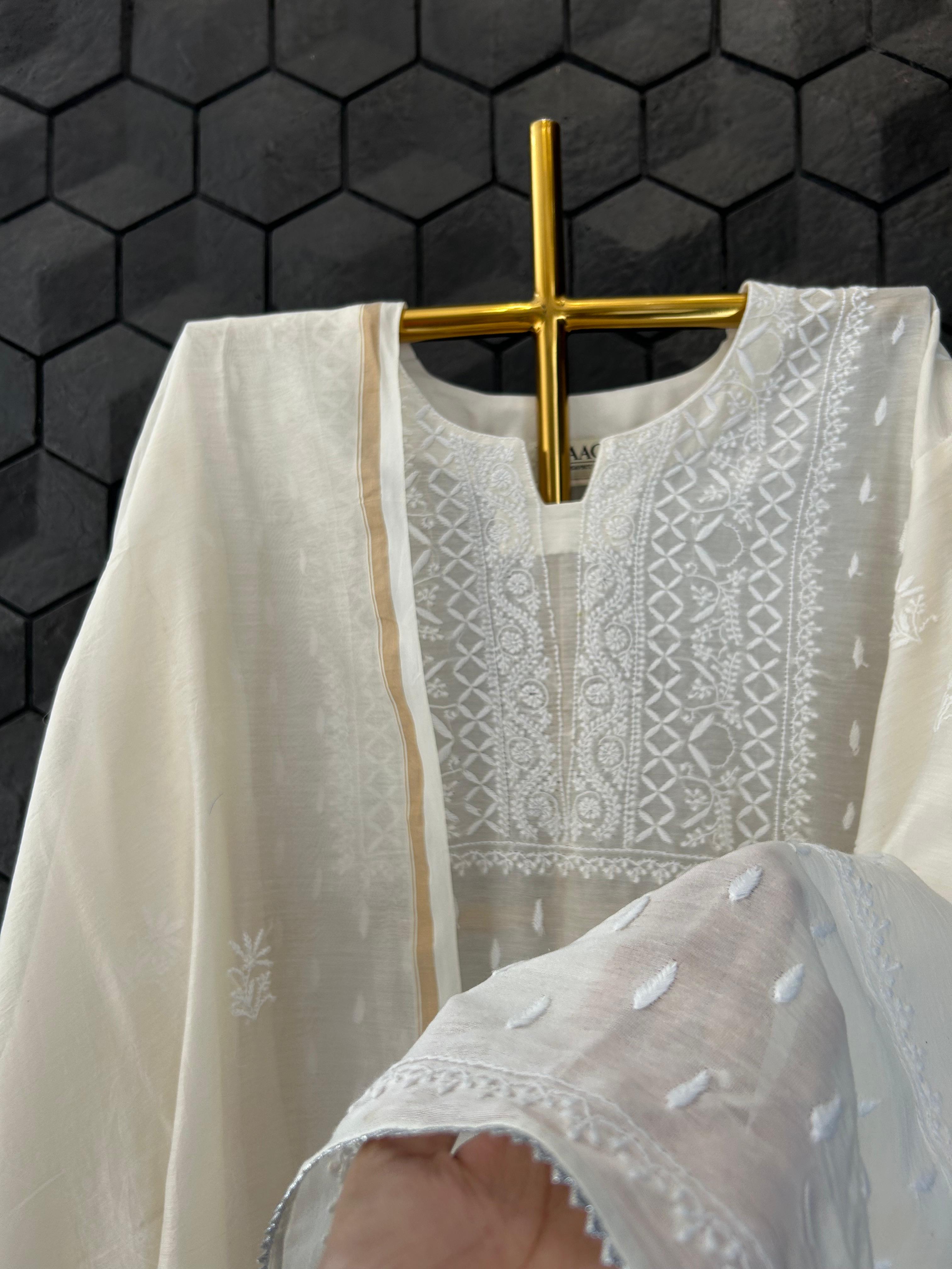 White Mul Chanderi Chikankari Kurta Set