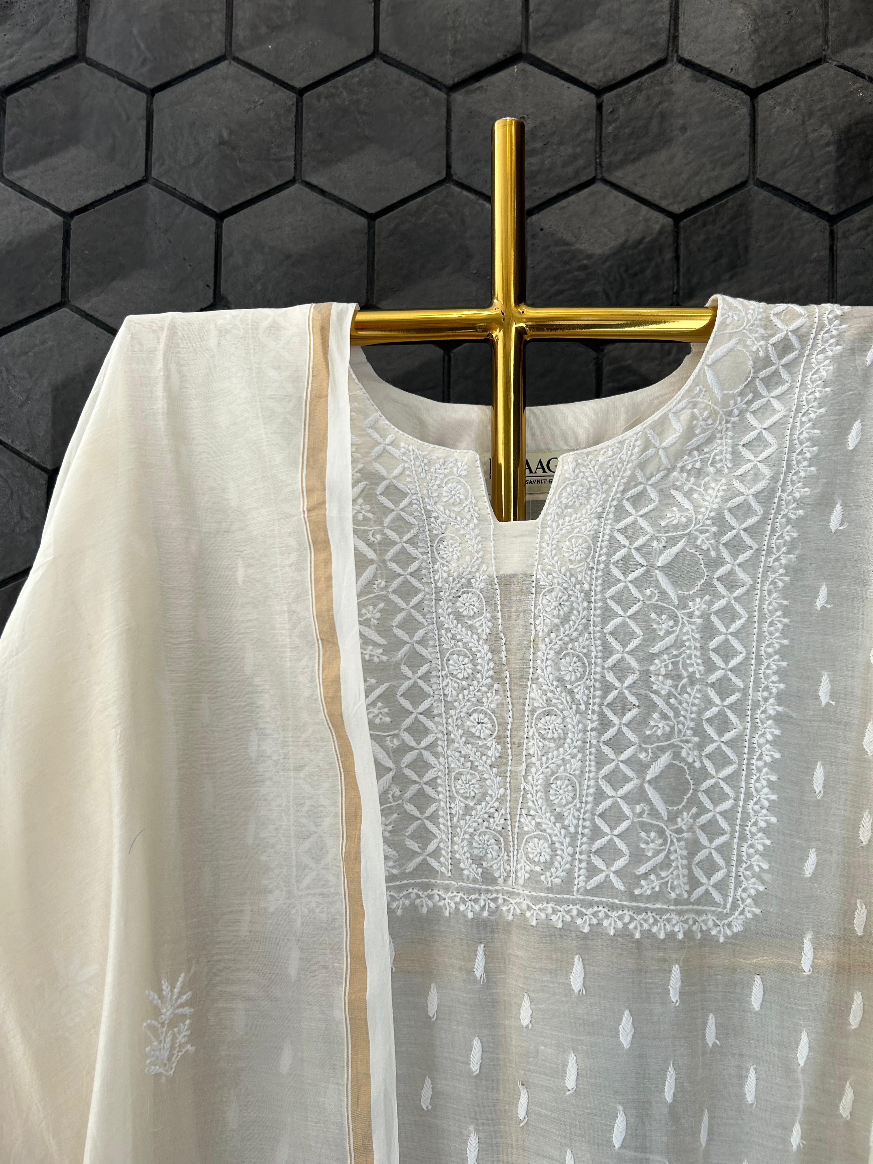 White Mul Chanderi Chikankari Kurta Set