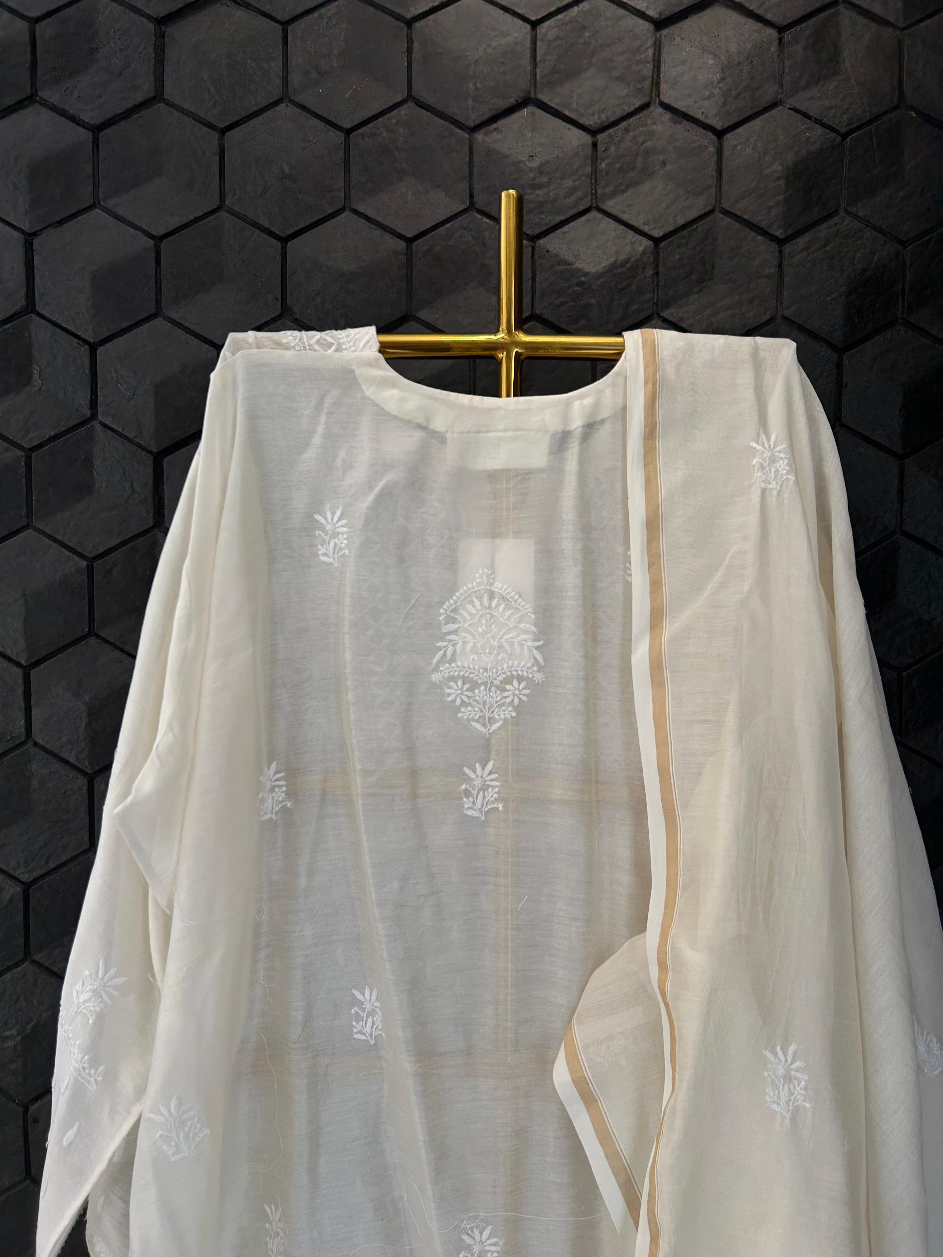 White Mul Chanderi Chikankari Kurta Set