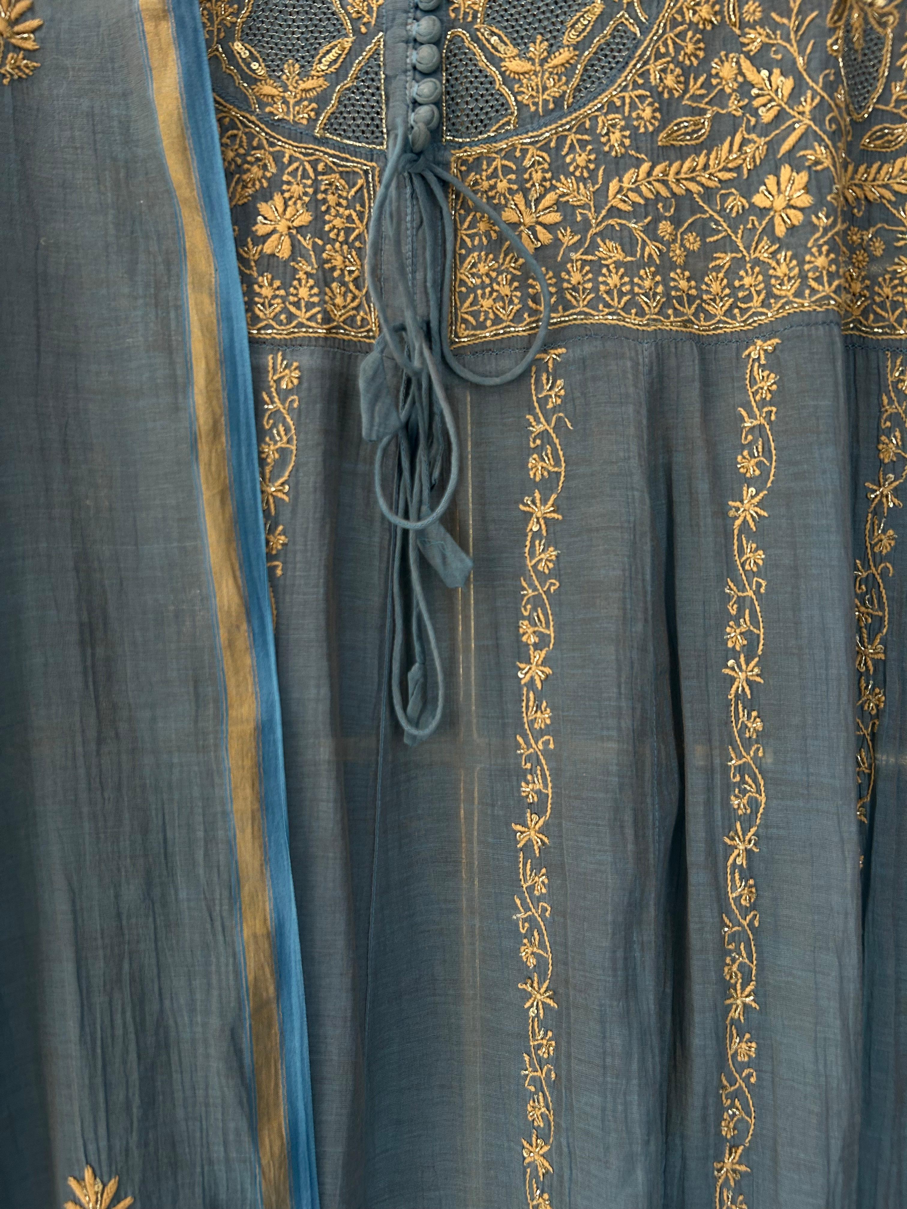 Blue Golden Tissue Chikankari Kurta Set