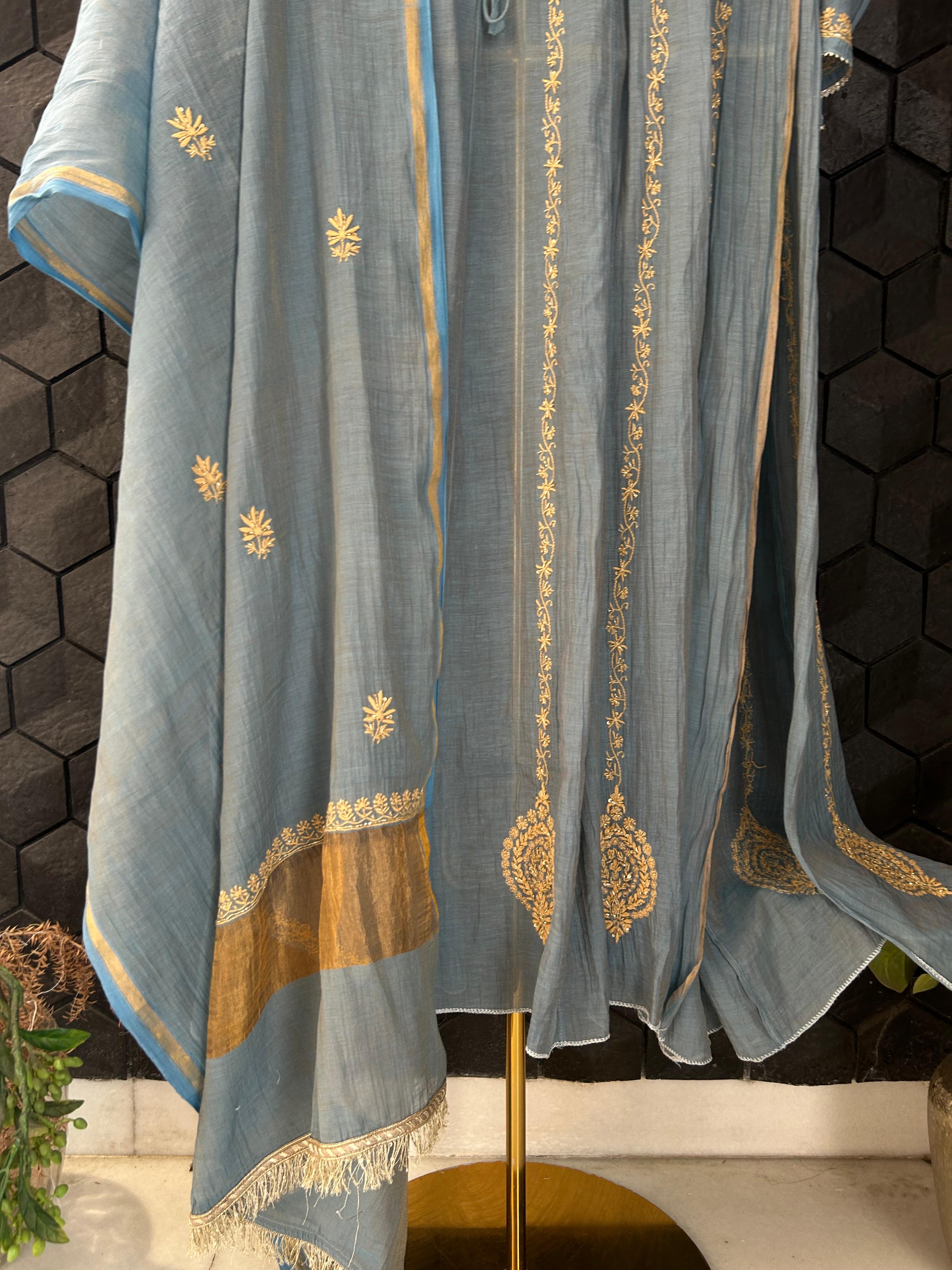Blue Golden Tissue Chikankari Kurta Set