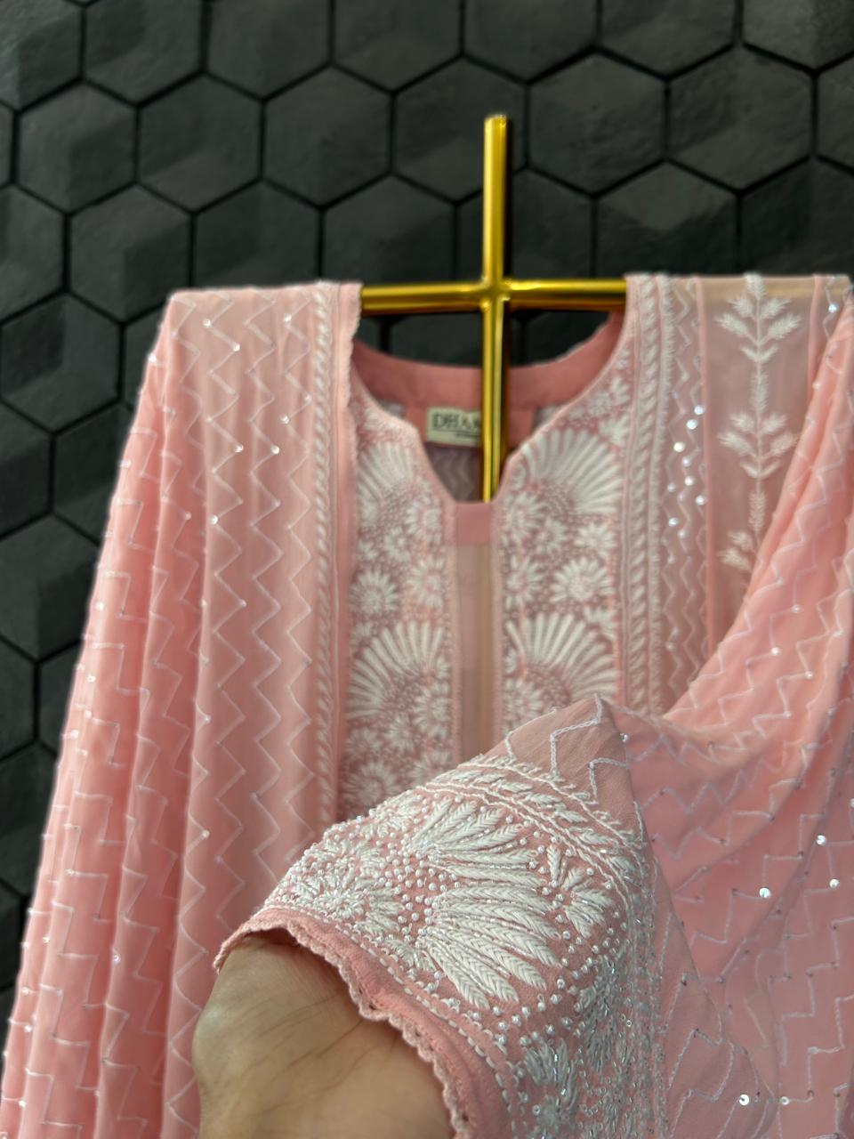 Pink Georgette Chikankari Kurta Set