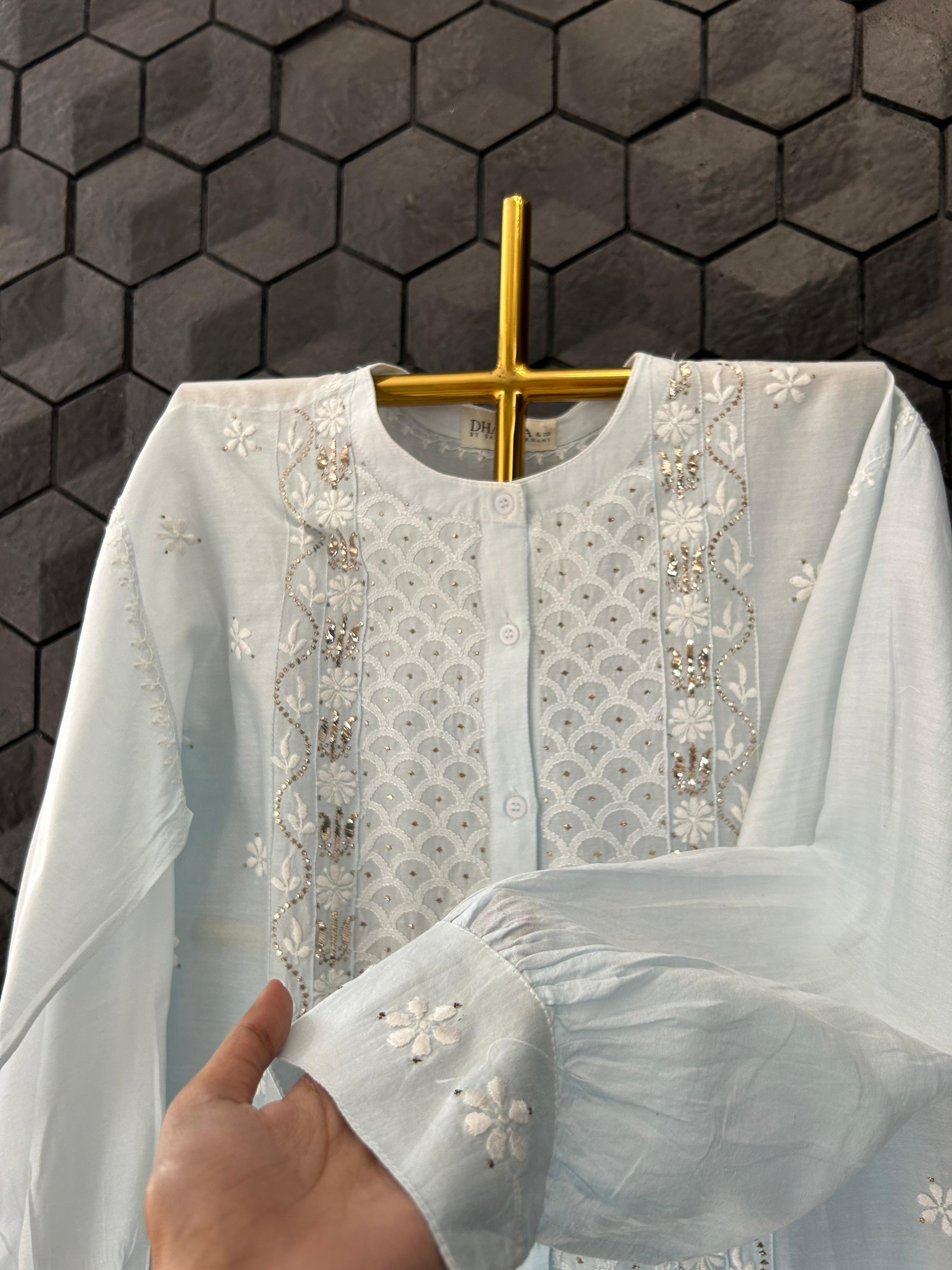 Blue Chanderi Mukaish Chikankari Co-ord Set