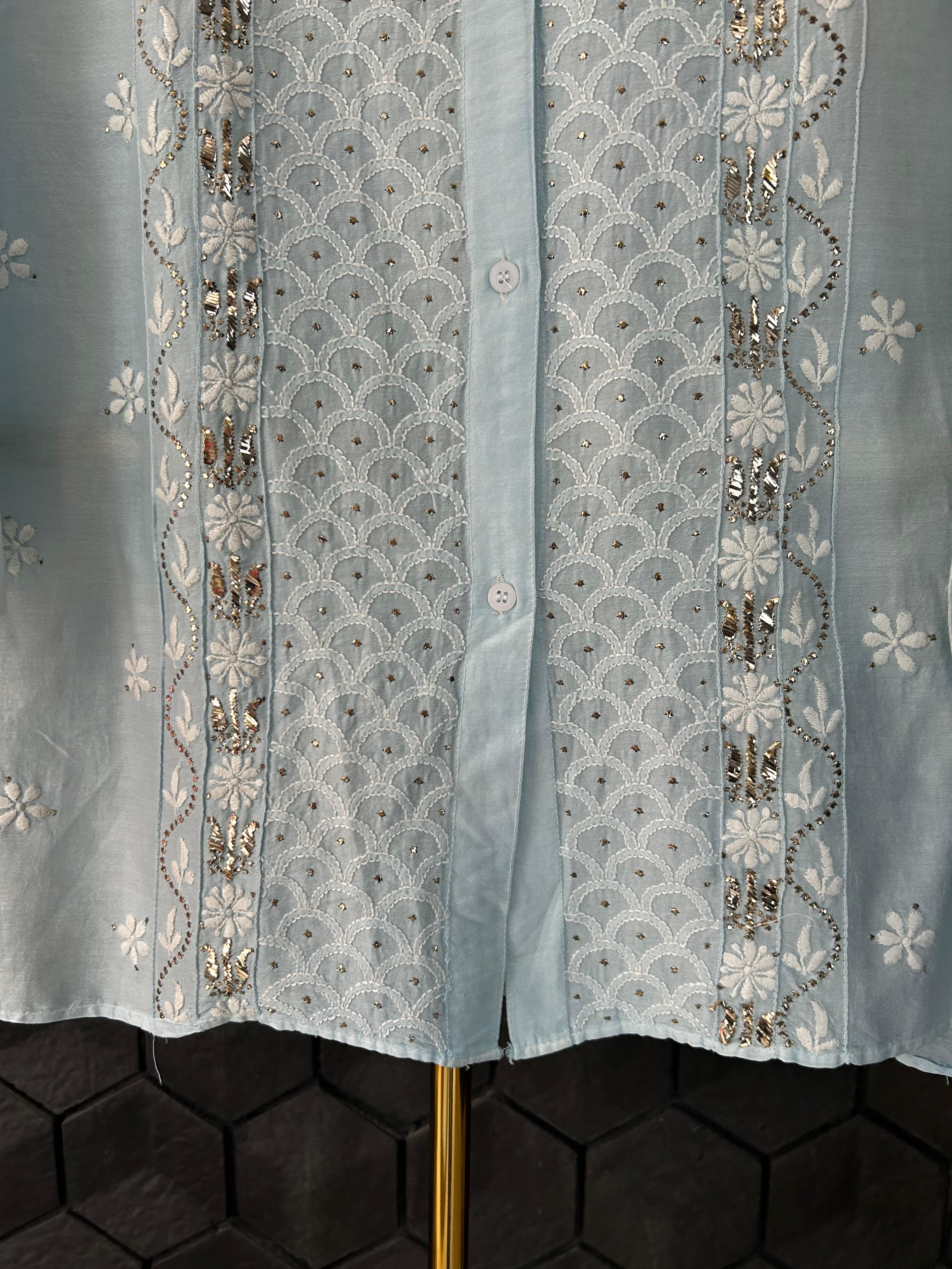 Blue Chanderi Mukaish Chikankari Co-ord Set