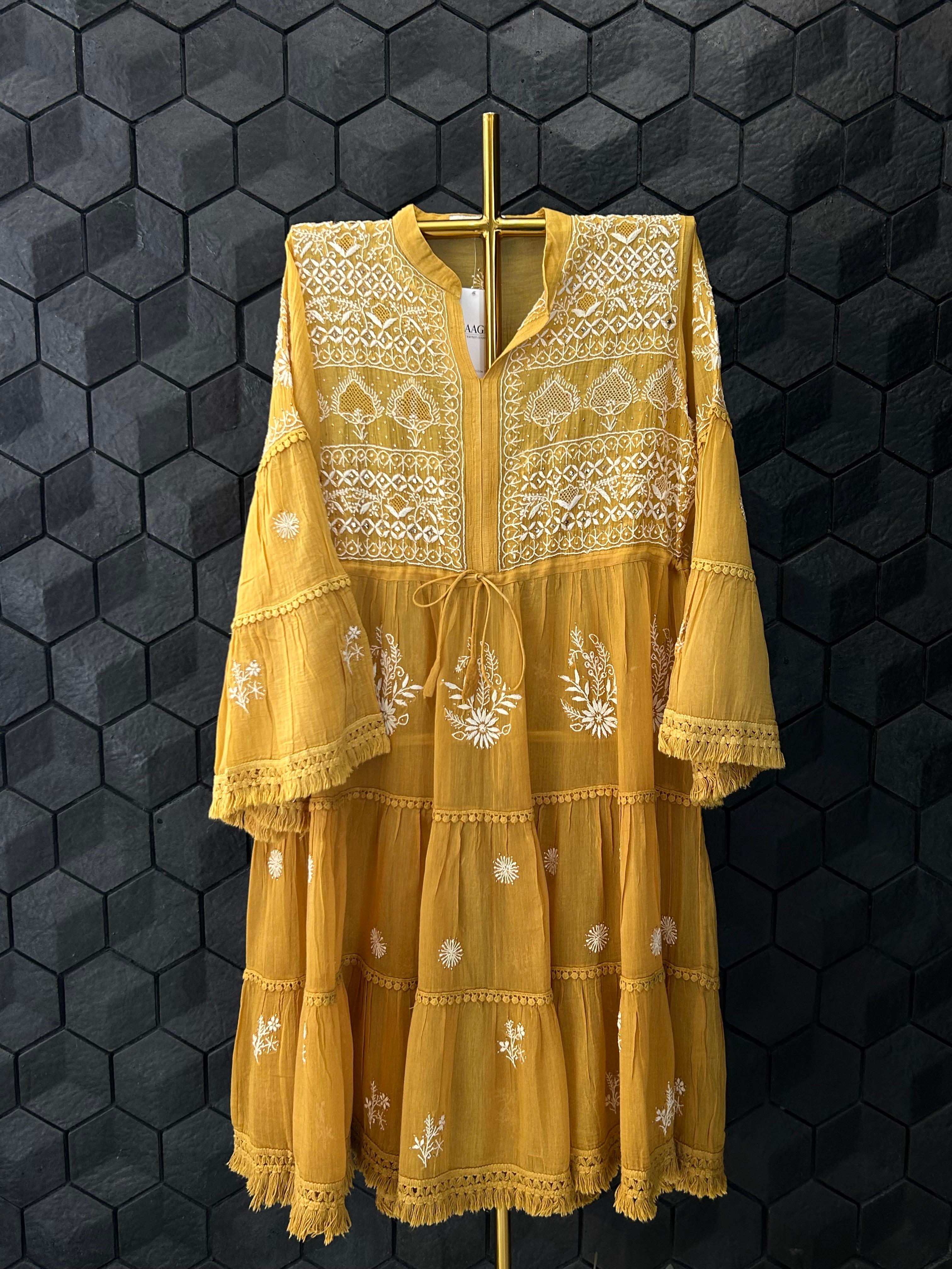Mustard Chanderi Chikankari Mukaish Dress