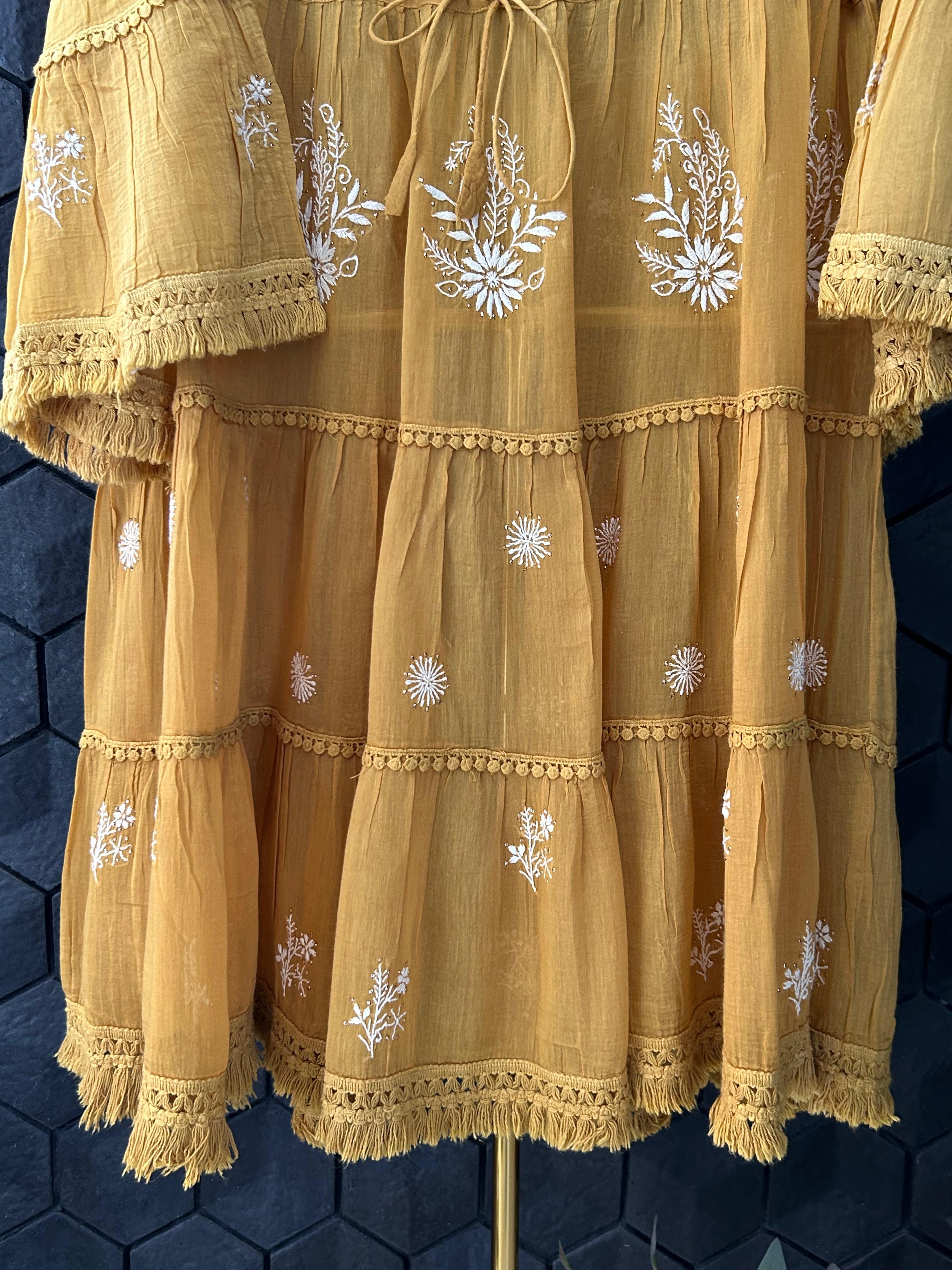 Mustard Chanderi Chikankari Mukaish Dress
