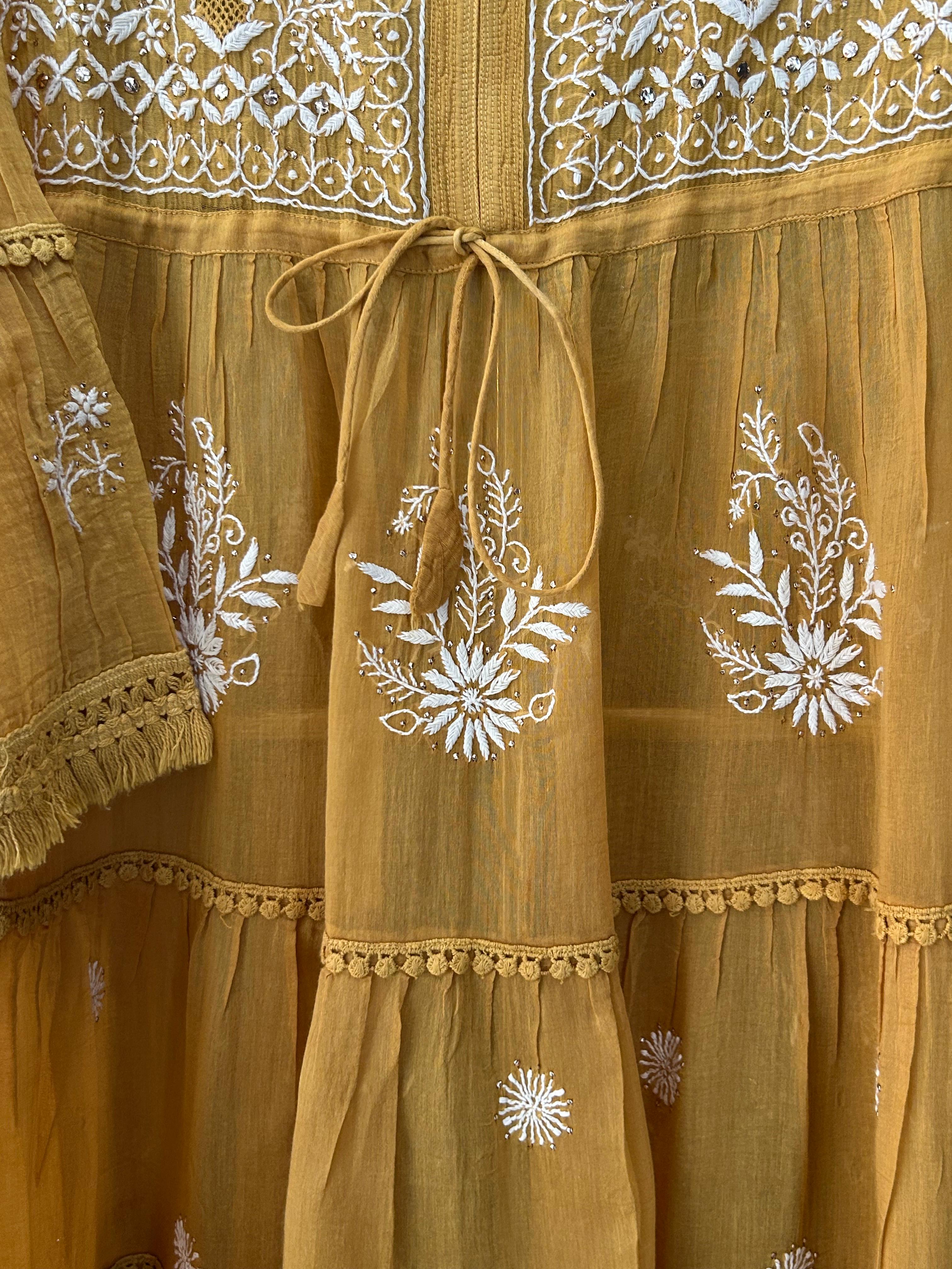 Mustard Chanderi Chikankari Mukaish Dress