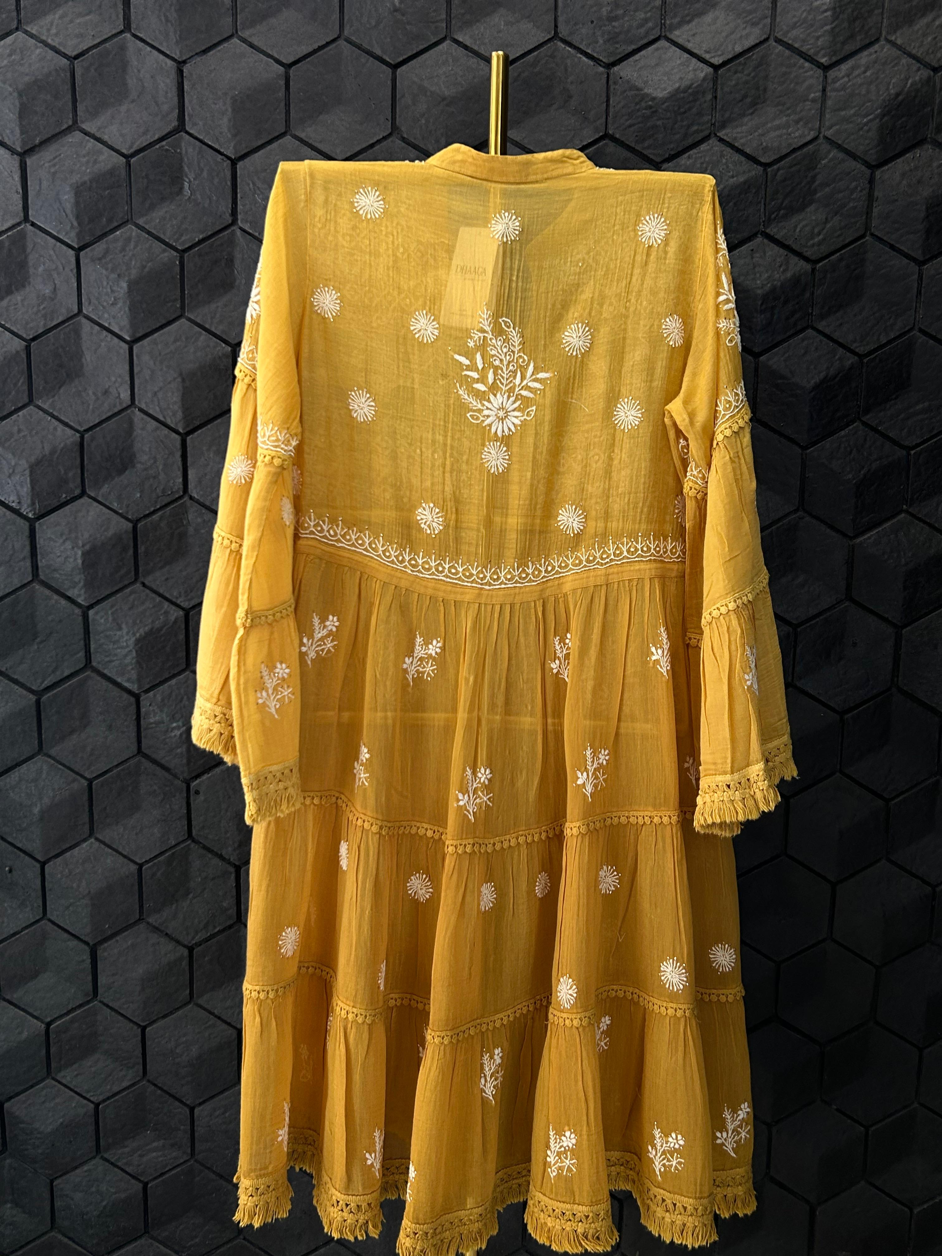 Mustard Chanderi Chikankari Mukaish Dress