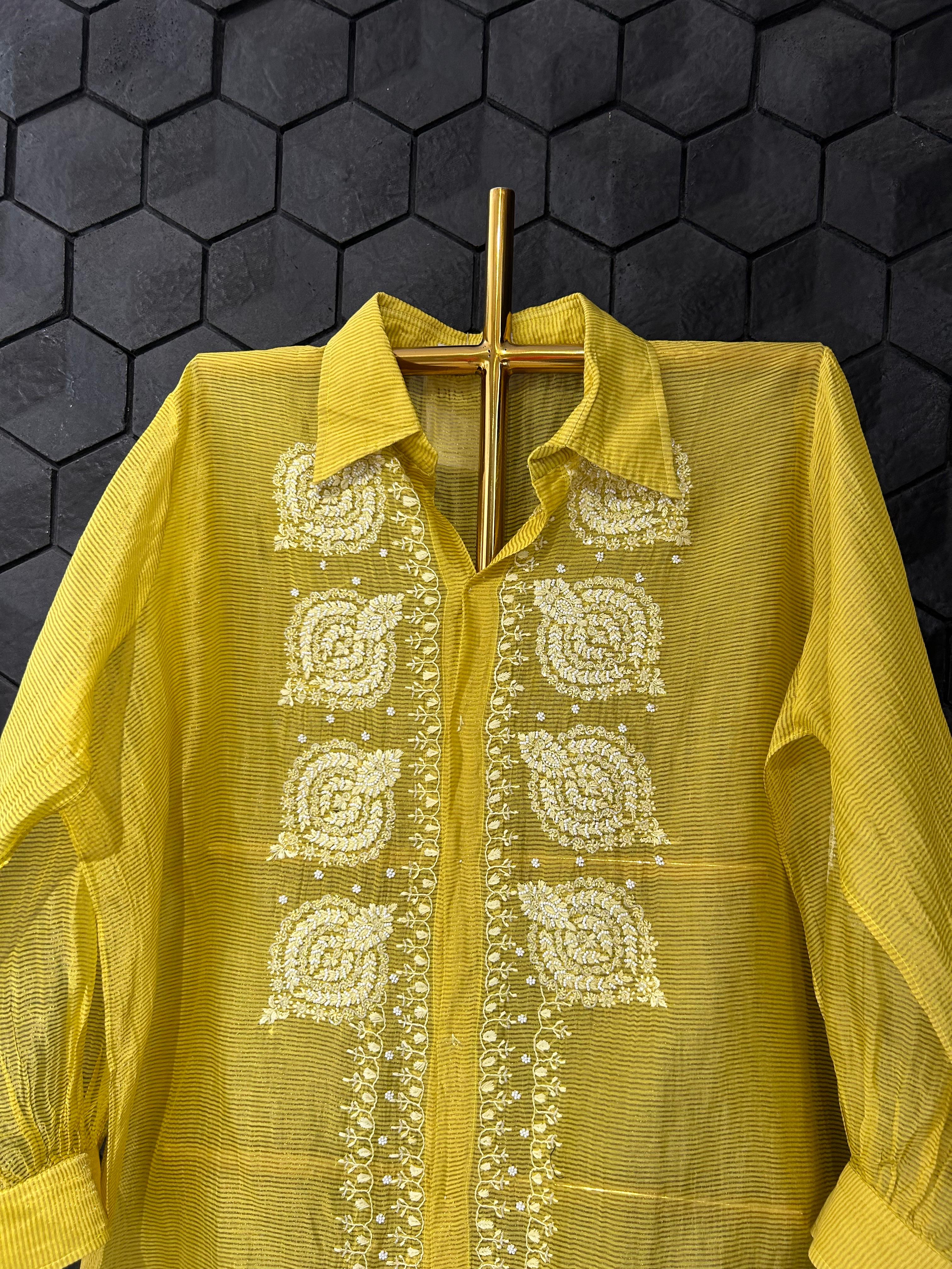 Green Striped Tissue Chanderi Chikankari Shirt