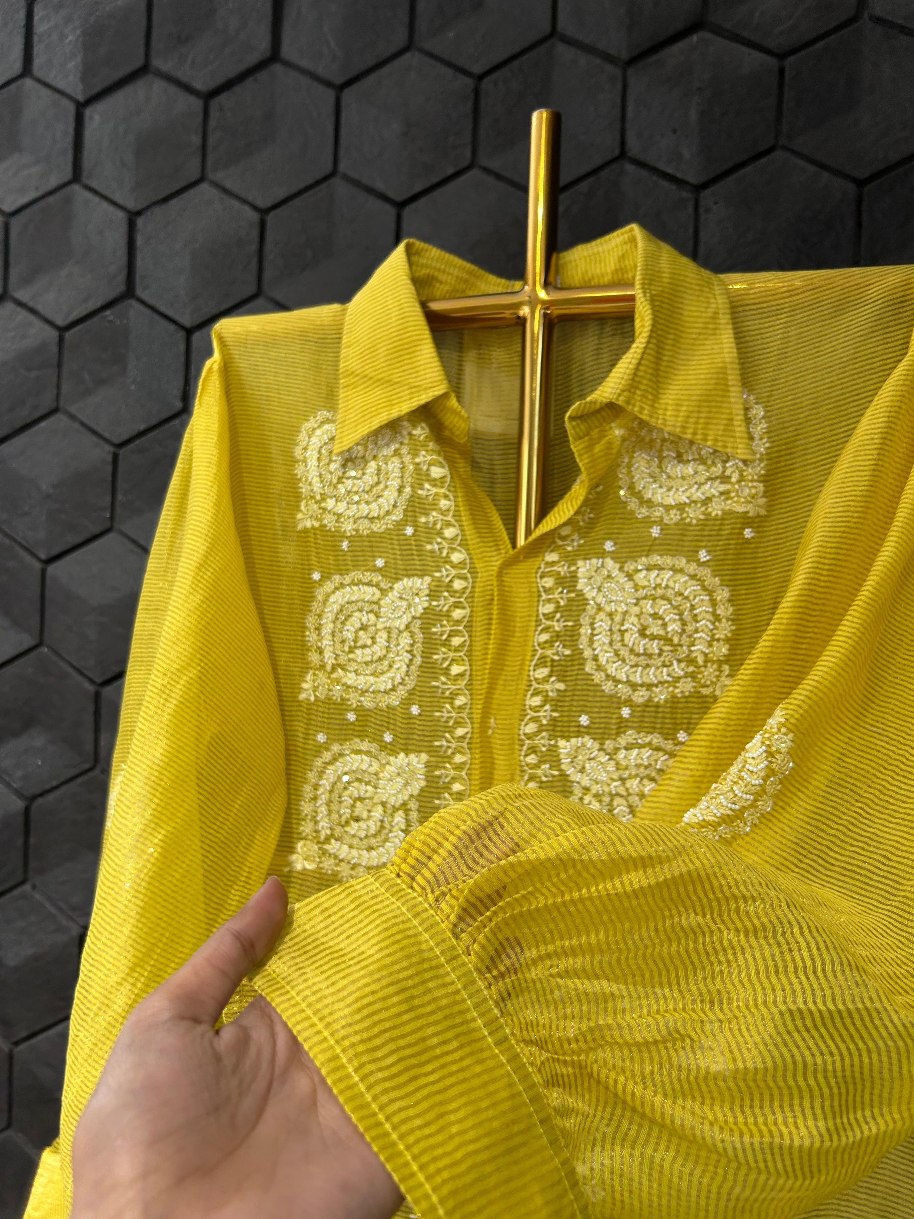 Green Striped Tissue Chanderi Chikankari Shirt