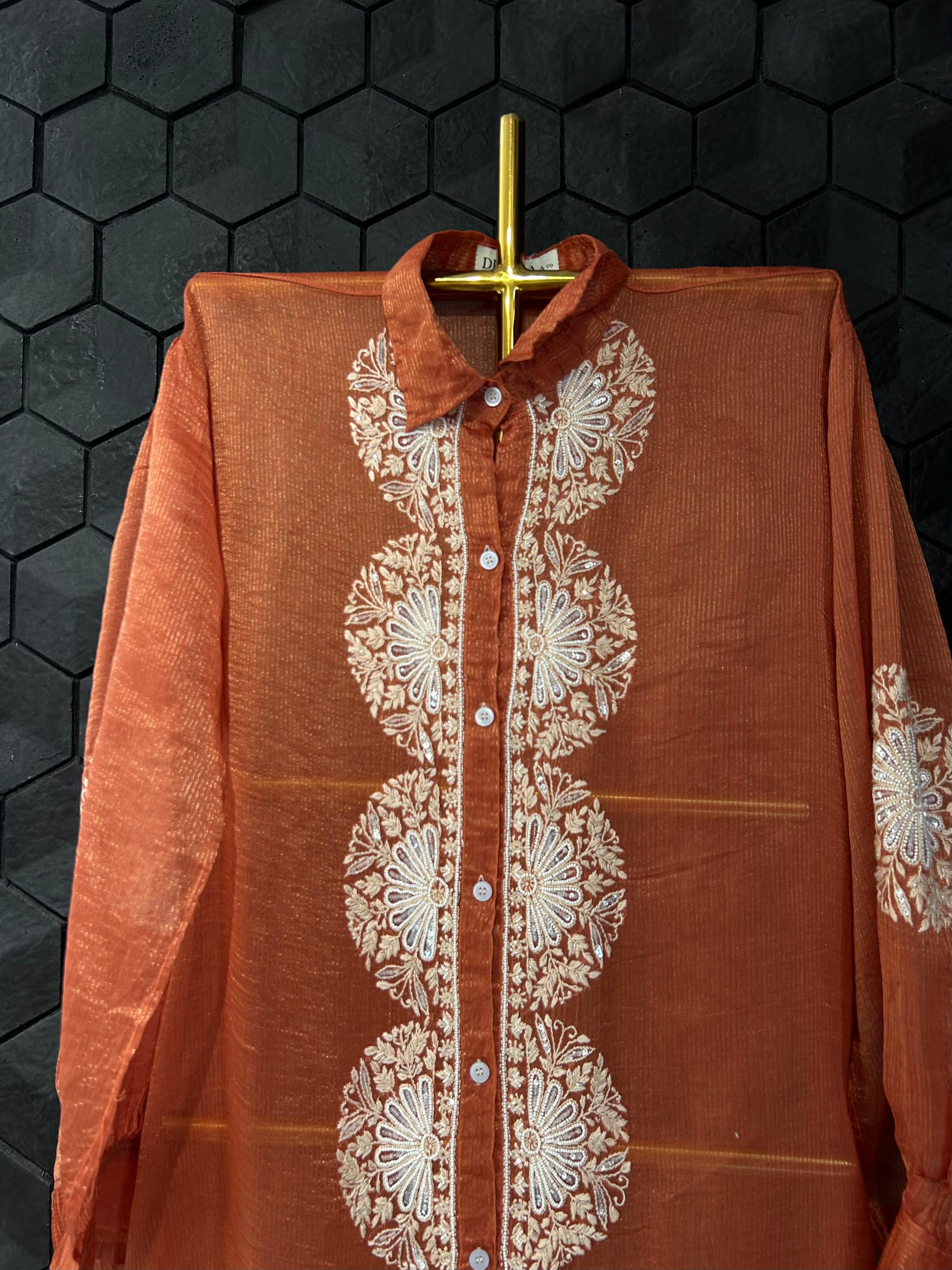 Rust Striped Tissue Chanderi Chikankari Shirt