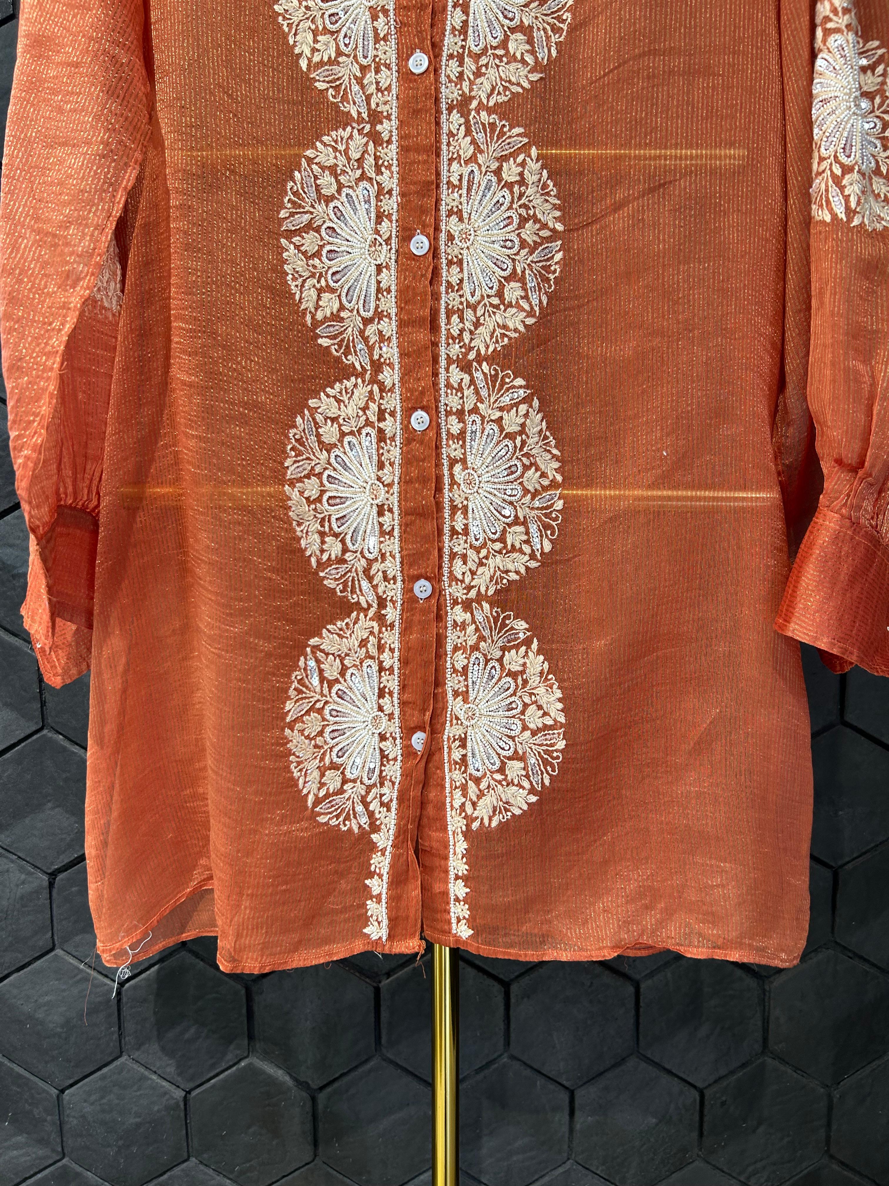 Rust Striped Tissue Chanderi Chikankari Shirt