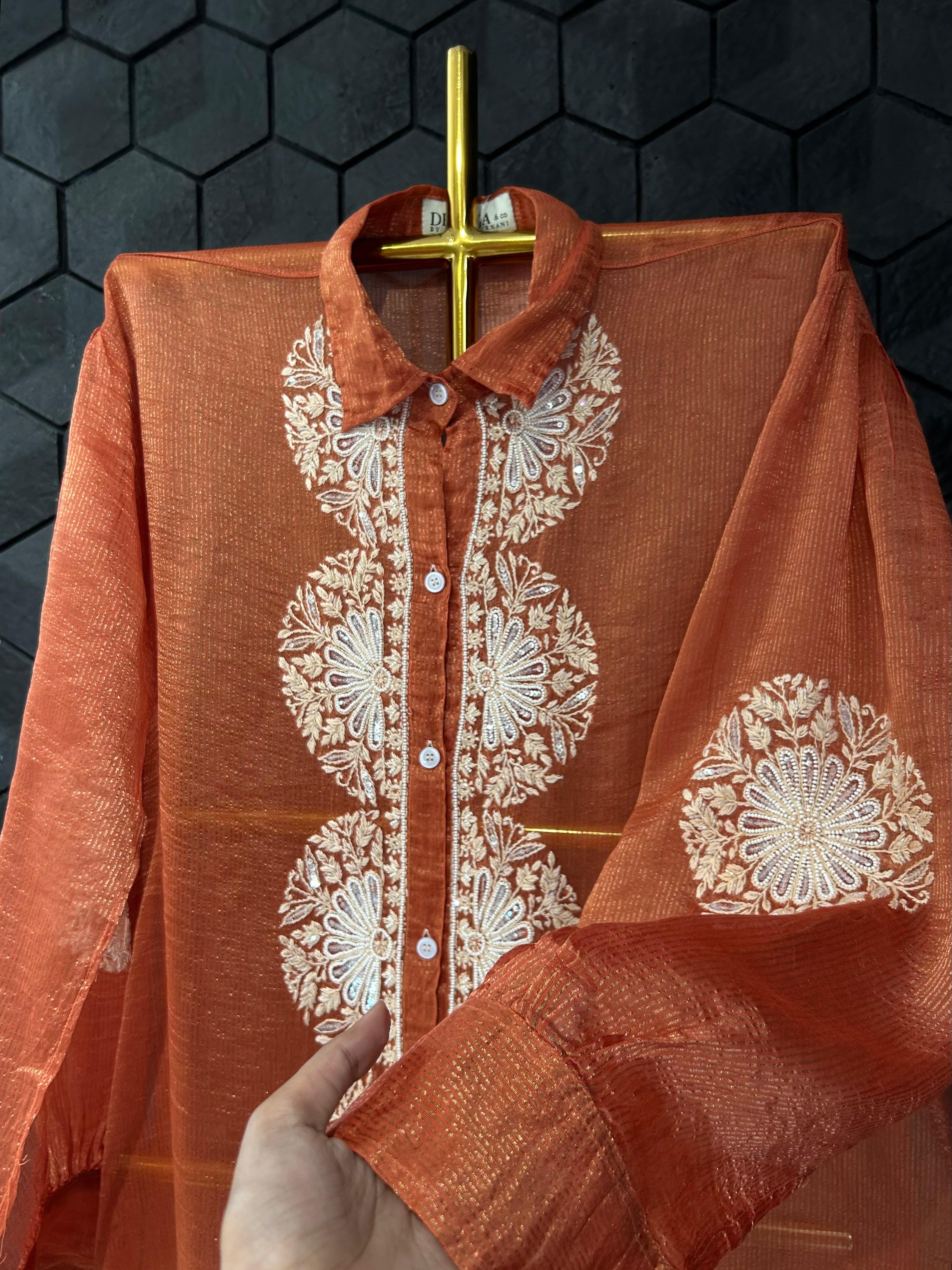 Rust Striped Tissue Chanderi Chikankari Shirt