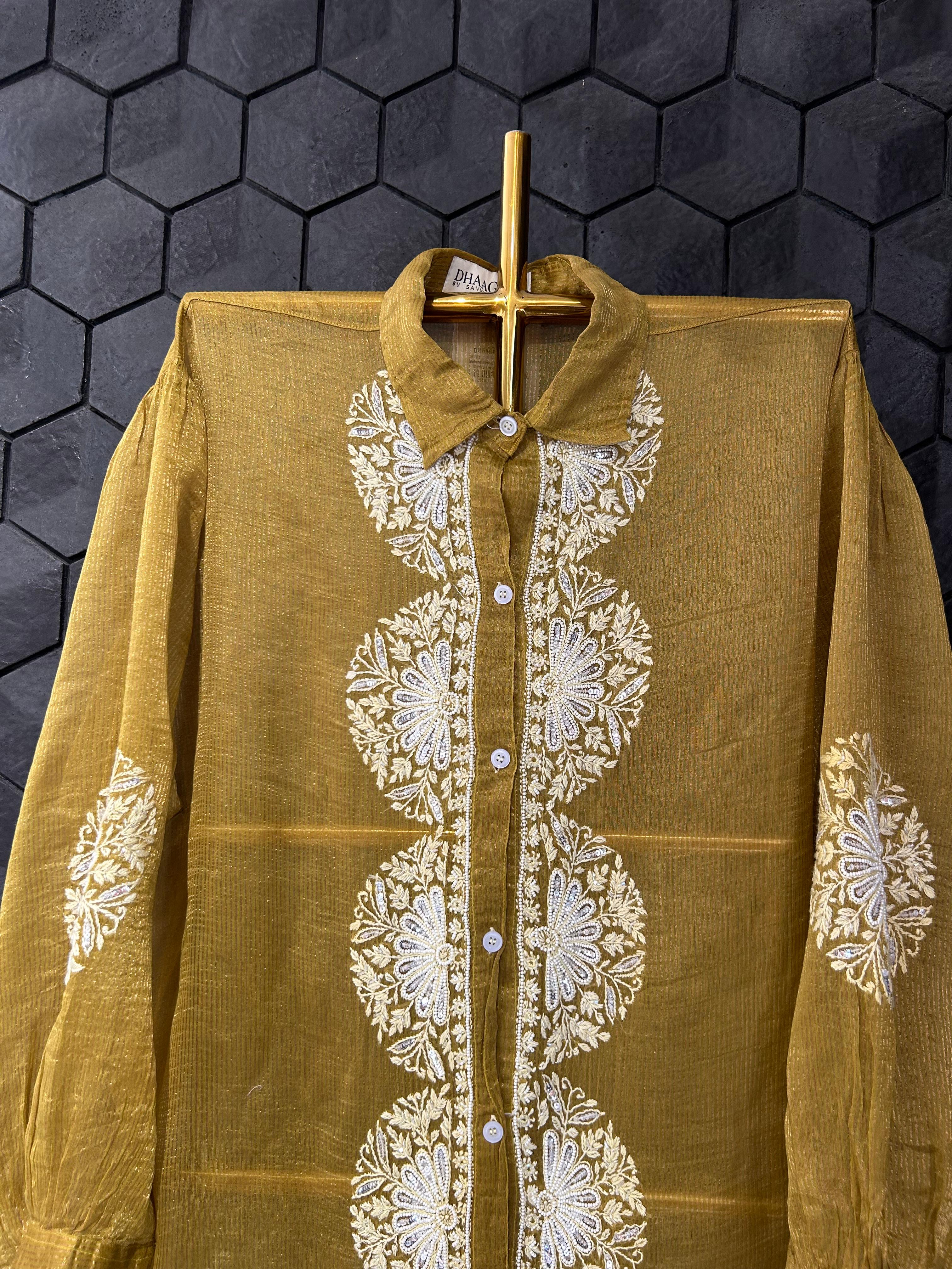 Green Striped Tissue Chanderi Chikankari Shirt