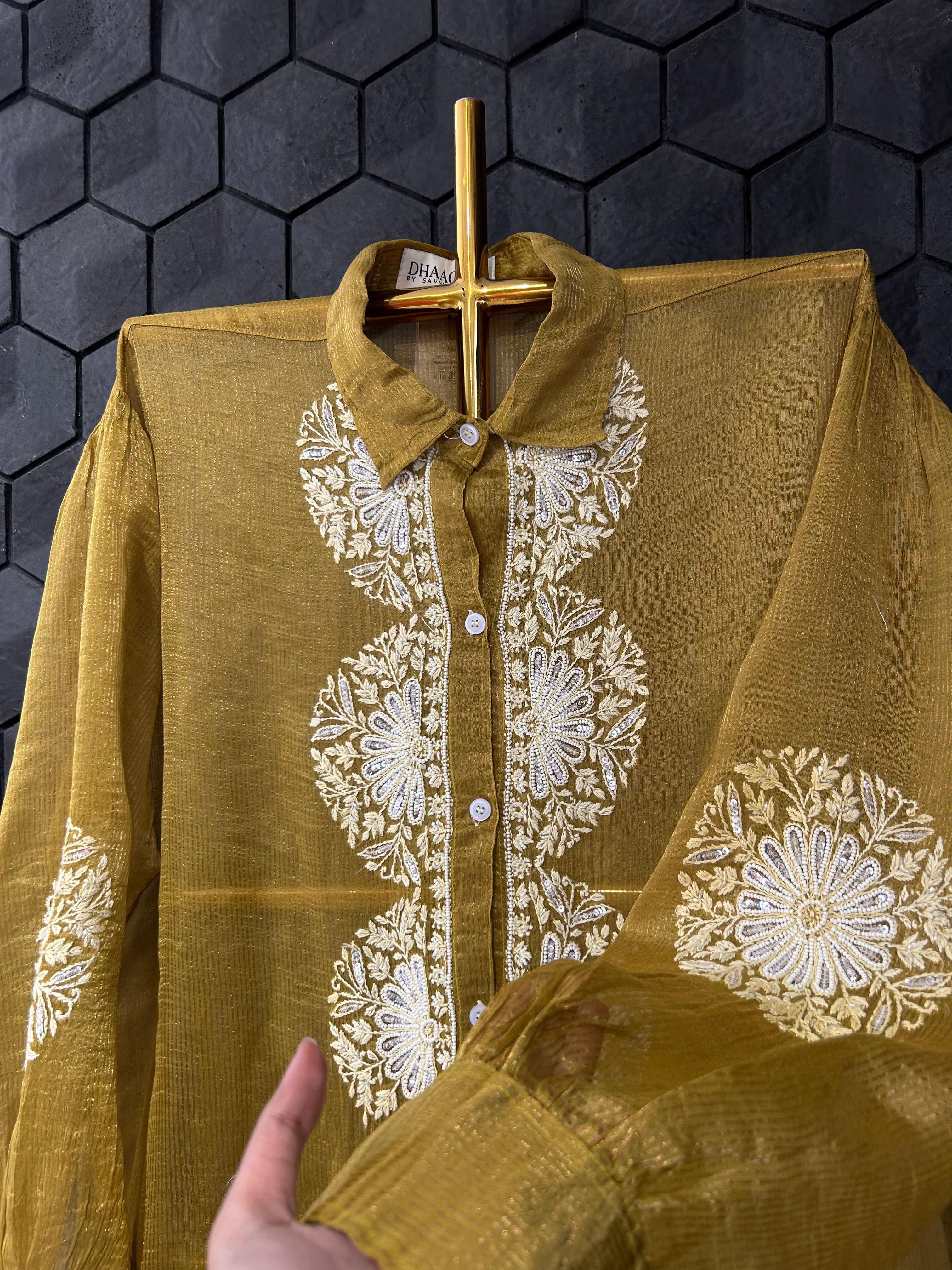 Green Striped Tissue Chanderi Chikankari Shirt