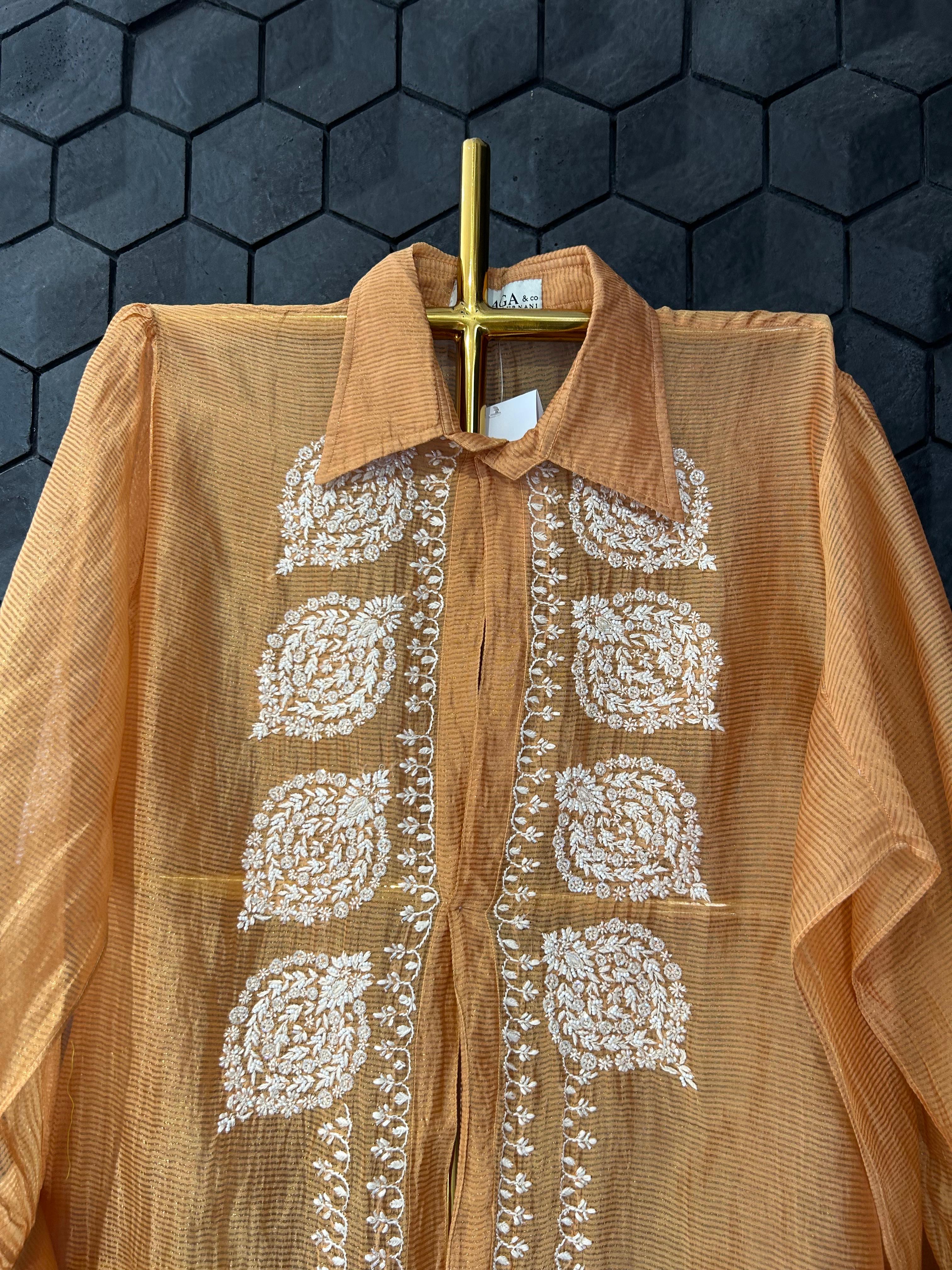 Orange Striped Tissue Chanderi Chikankari Shirt