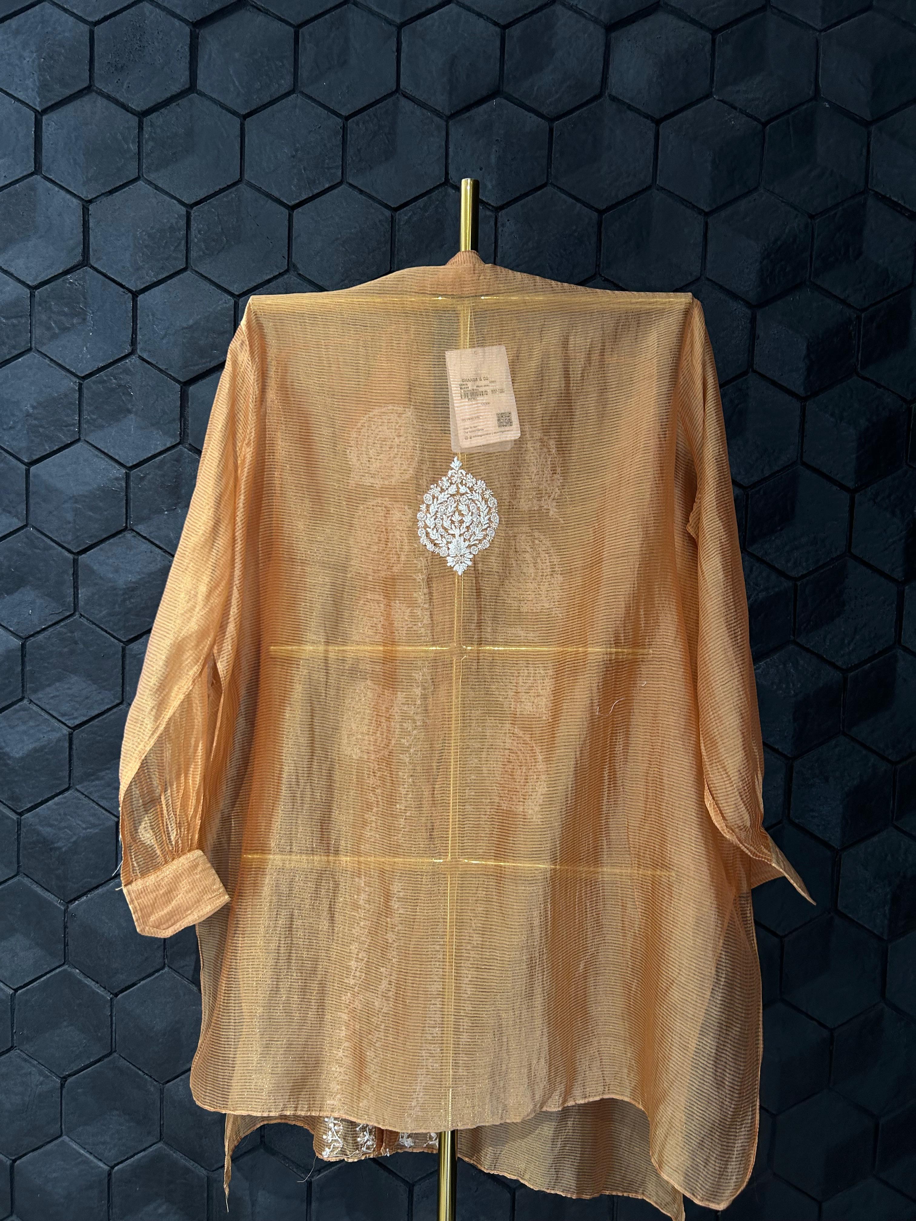 Orange Striped Tissue Chanderi Chikankari Shirt