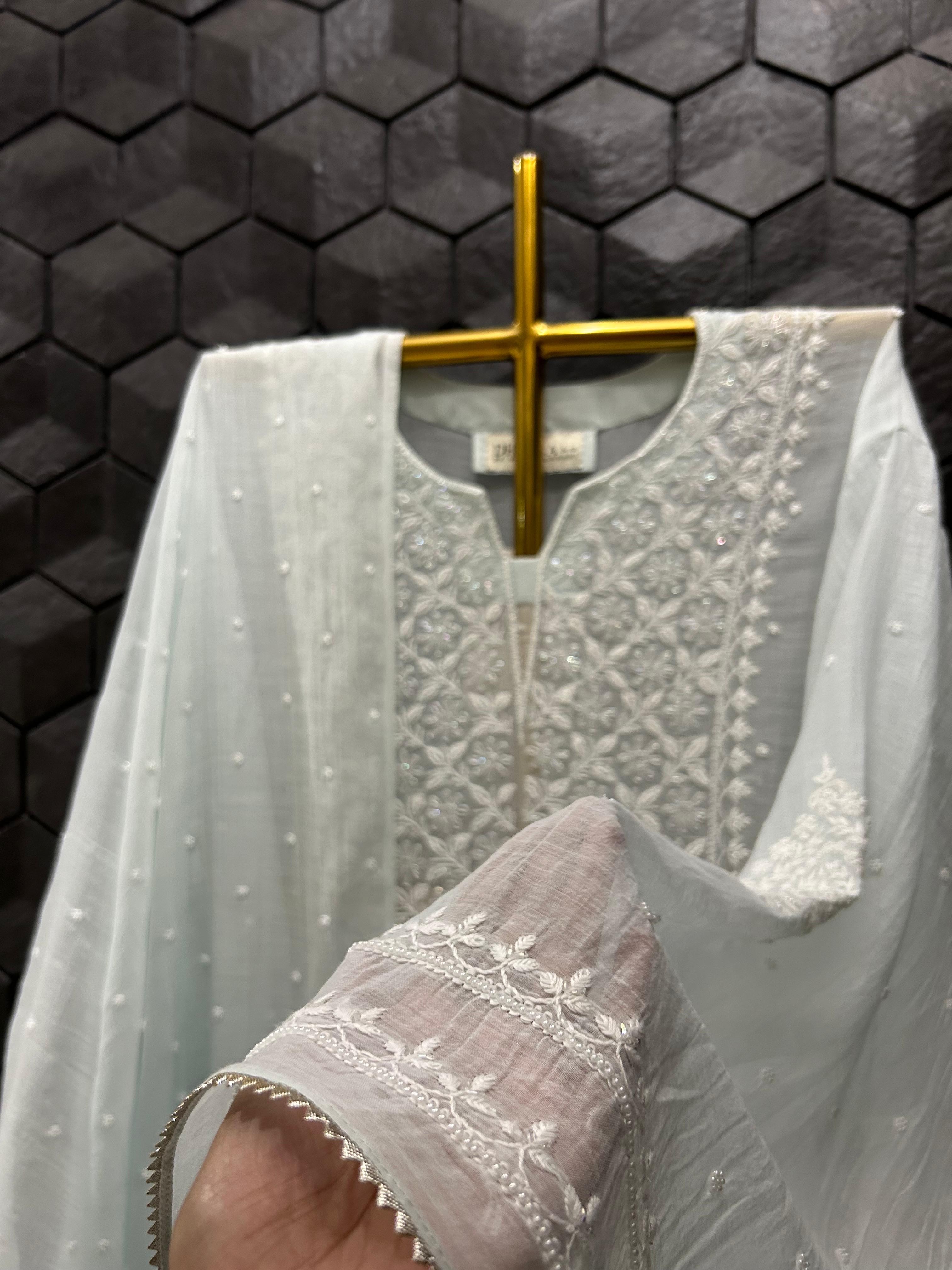 Blue Mul Chanderi Chikankari Kurta Set