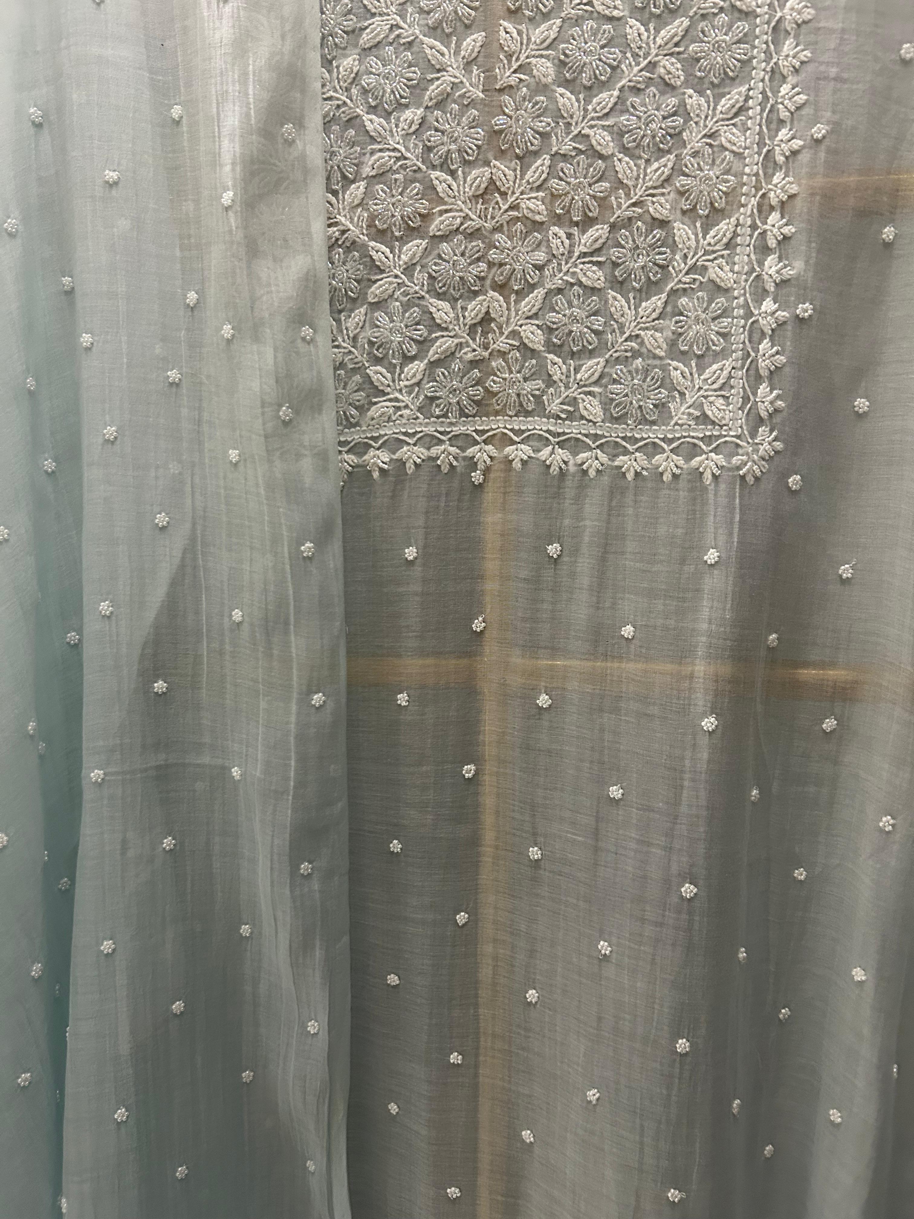 Blue Mul Chanderi Chikankari Kurta Set