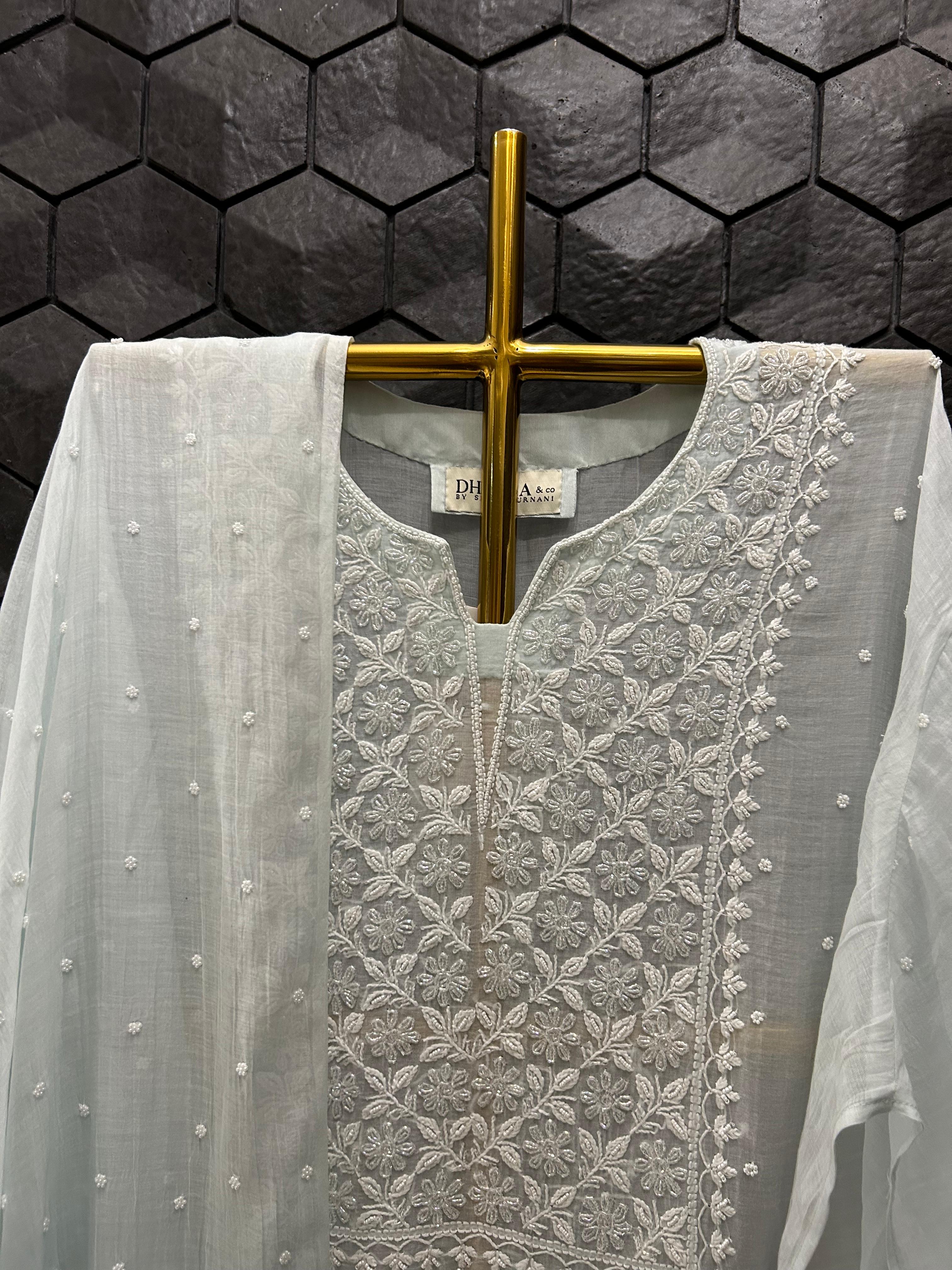 Blue Mul Chanderi Chikankari Kurta Set