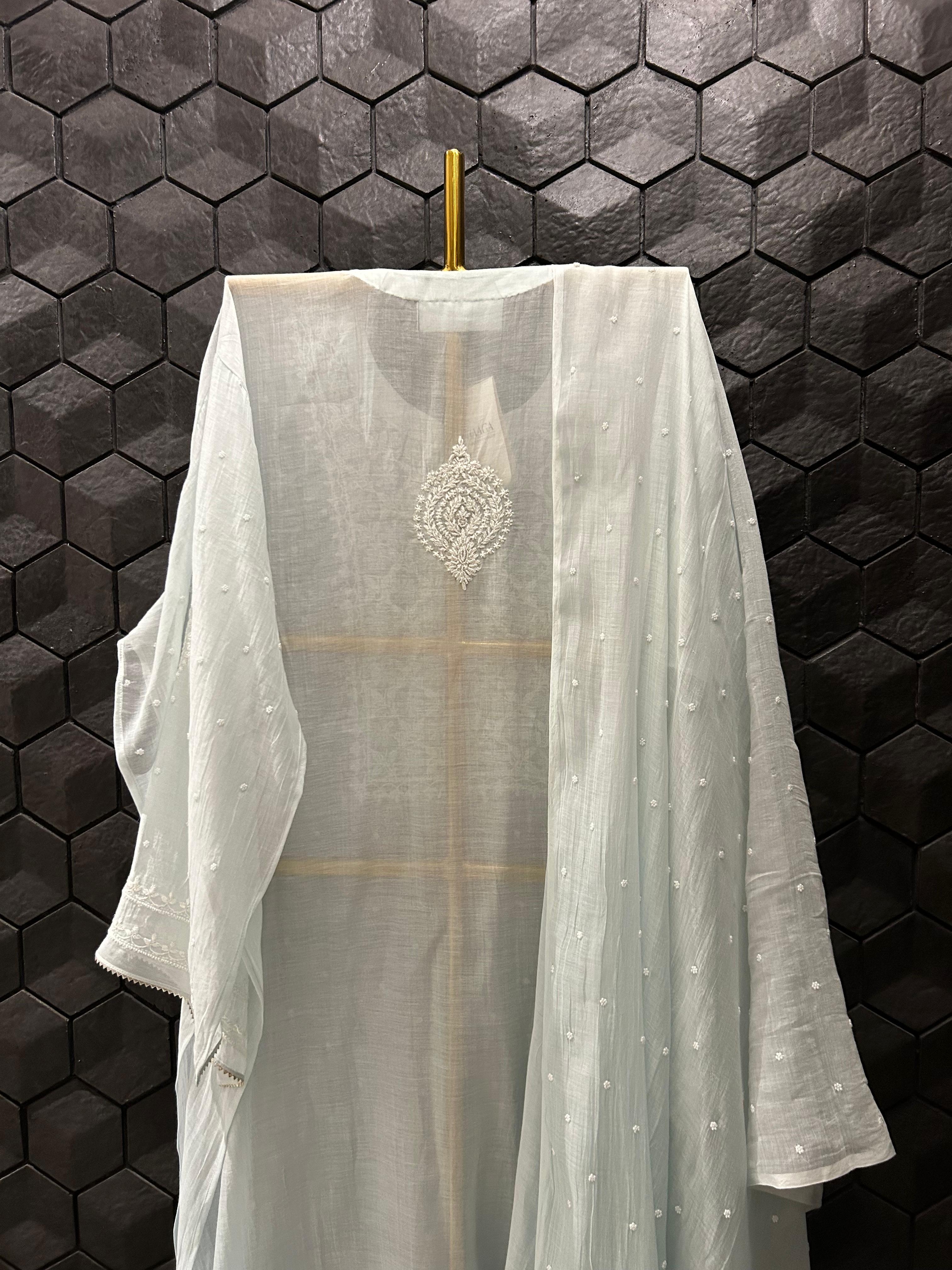 Blue Mul Chanderi Chikankari Kurta Set