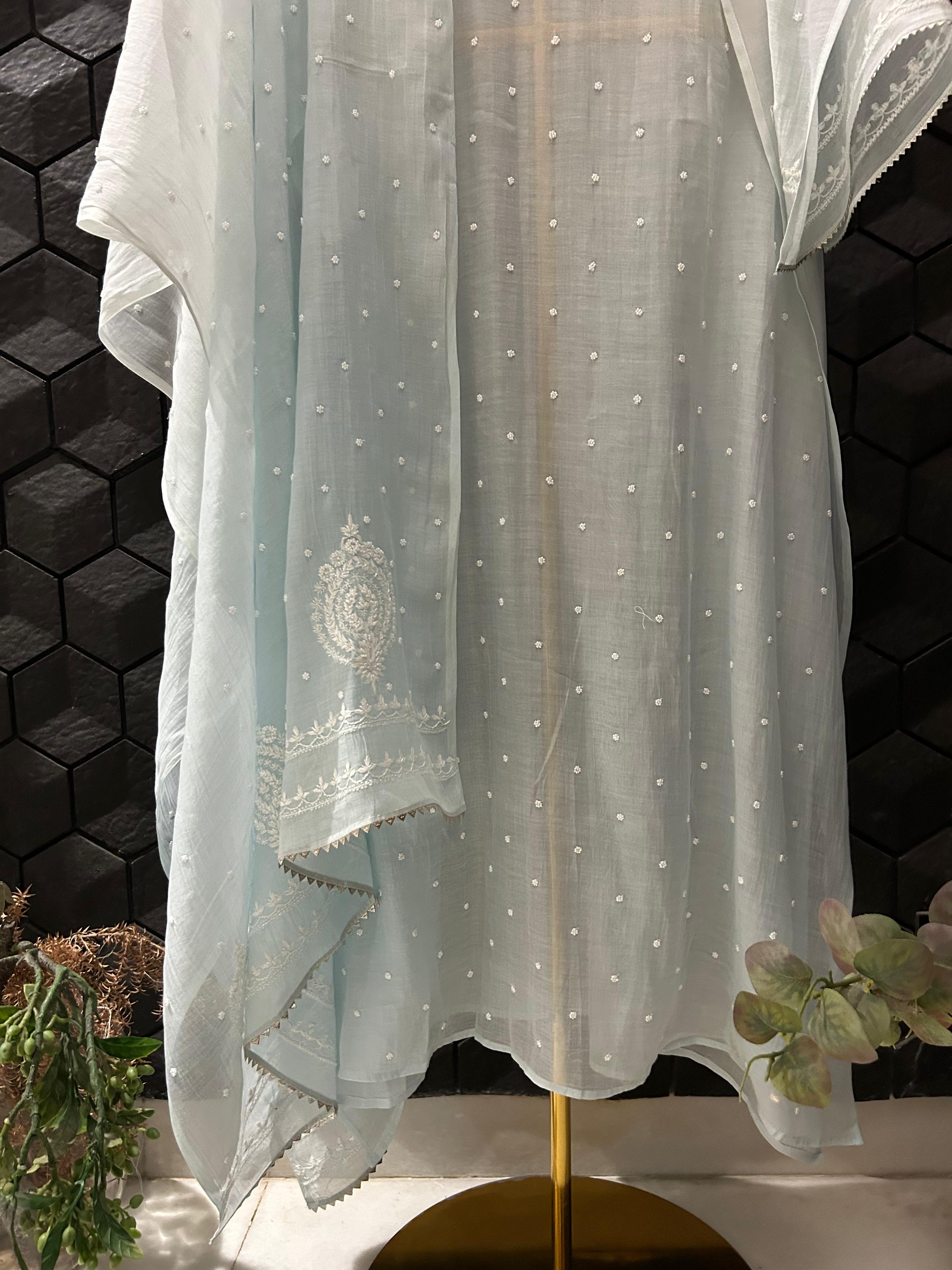 Blue Mul Chanderi Chikankari Anarkali Set