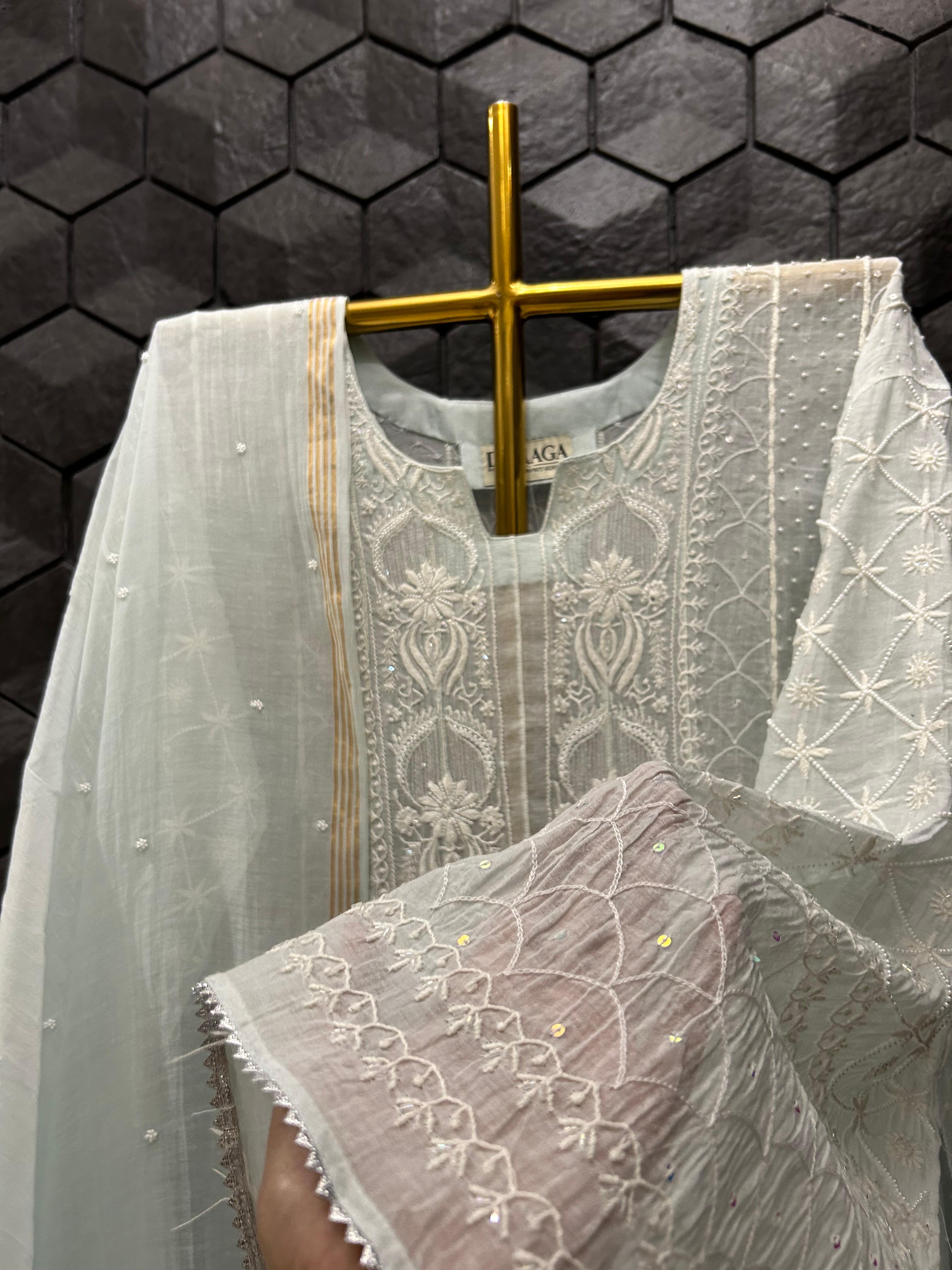 Blue Mul Chanderi Chikankari Anarkali Set