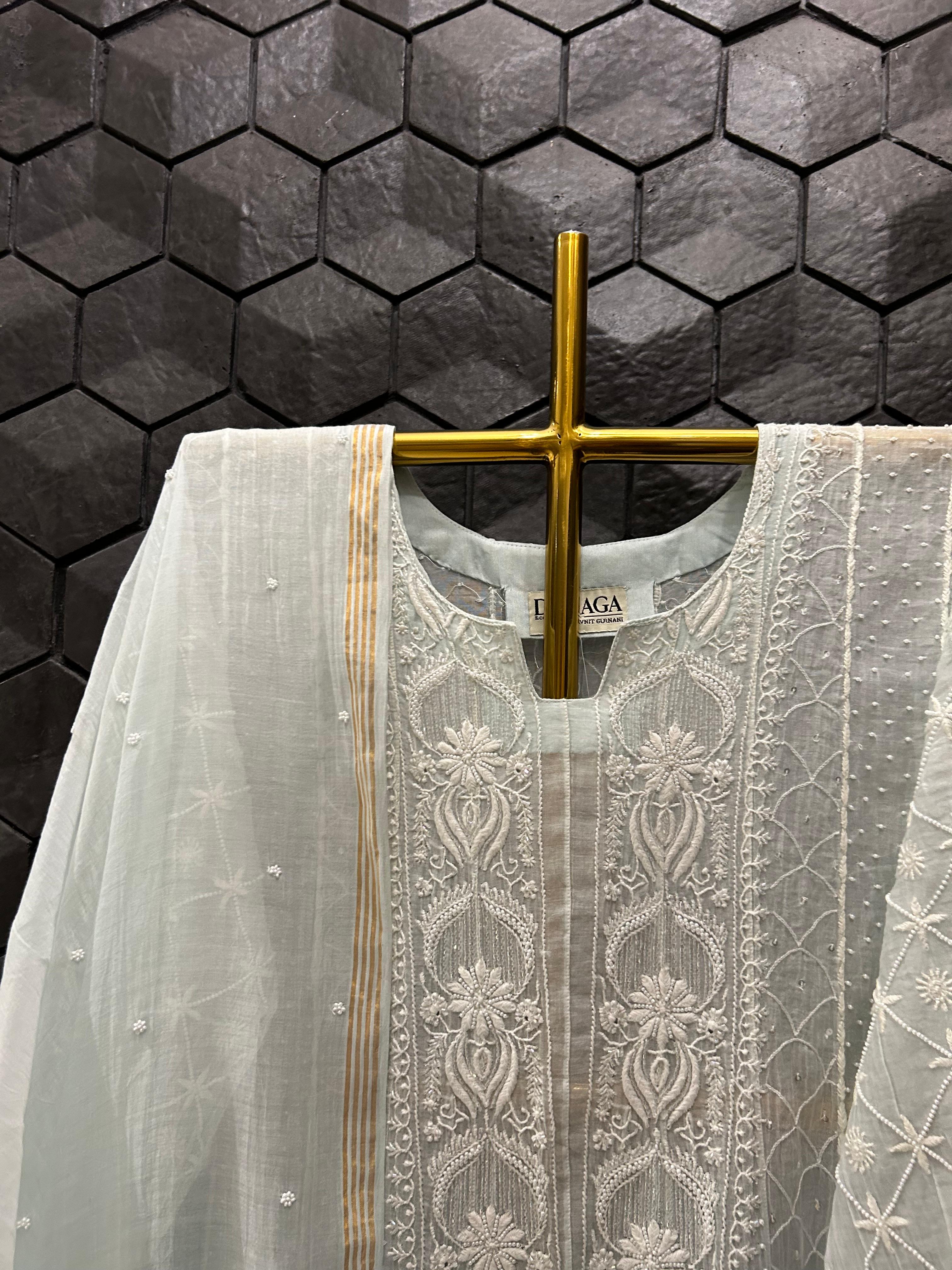 Blue Mul Chanderi Chikankari Anarkali Set