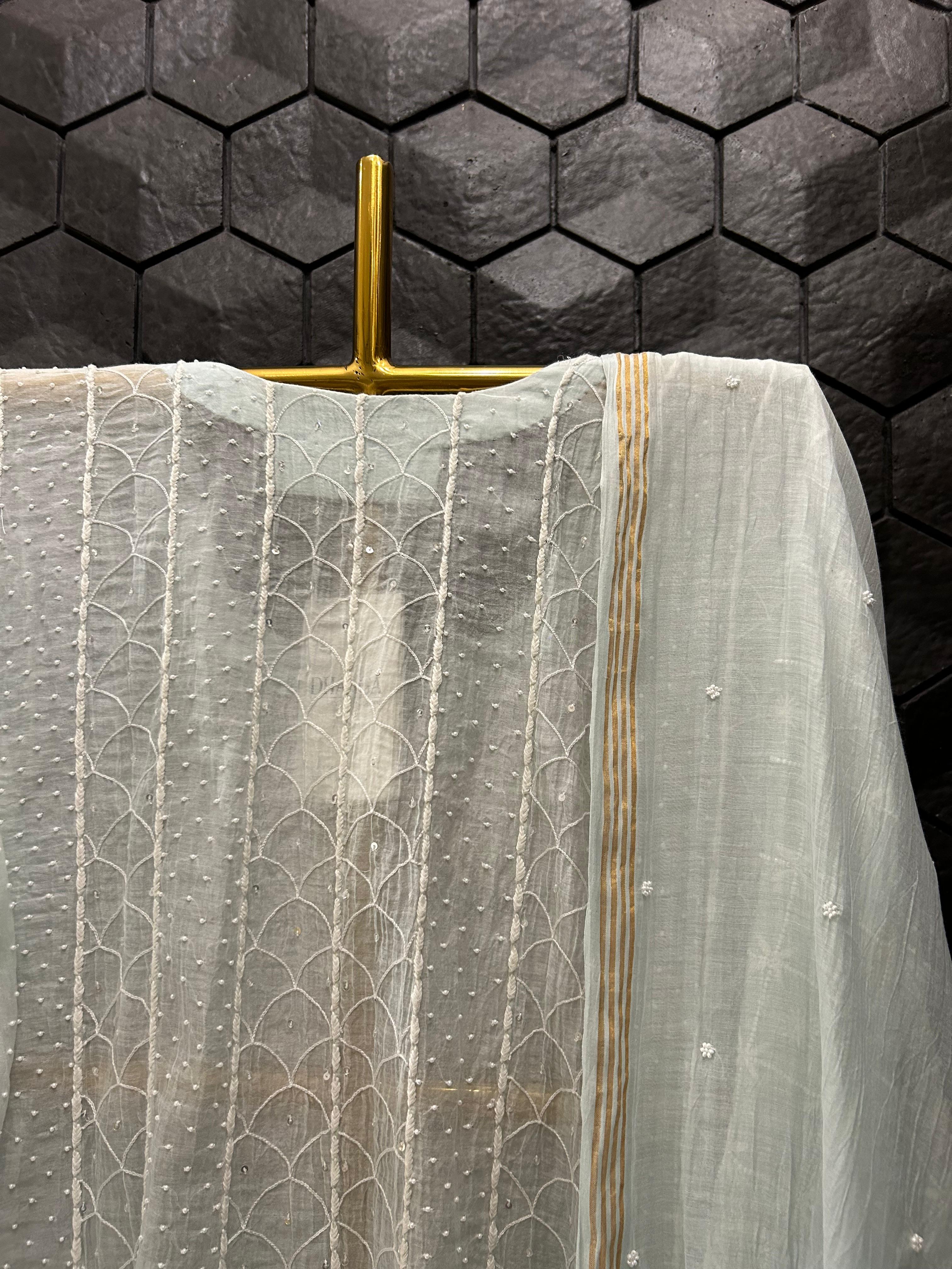 Blue Mul Chanderi Chikankari Anarkali Set