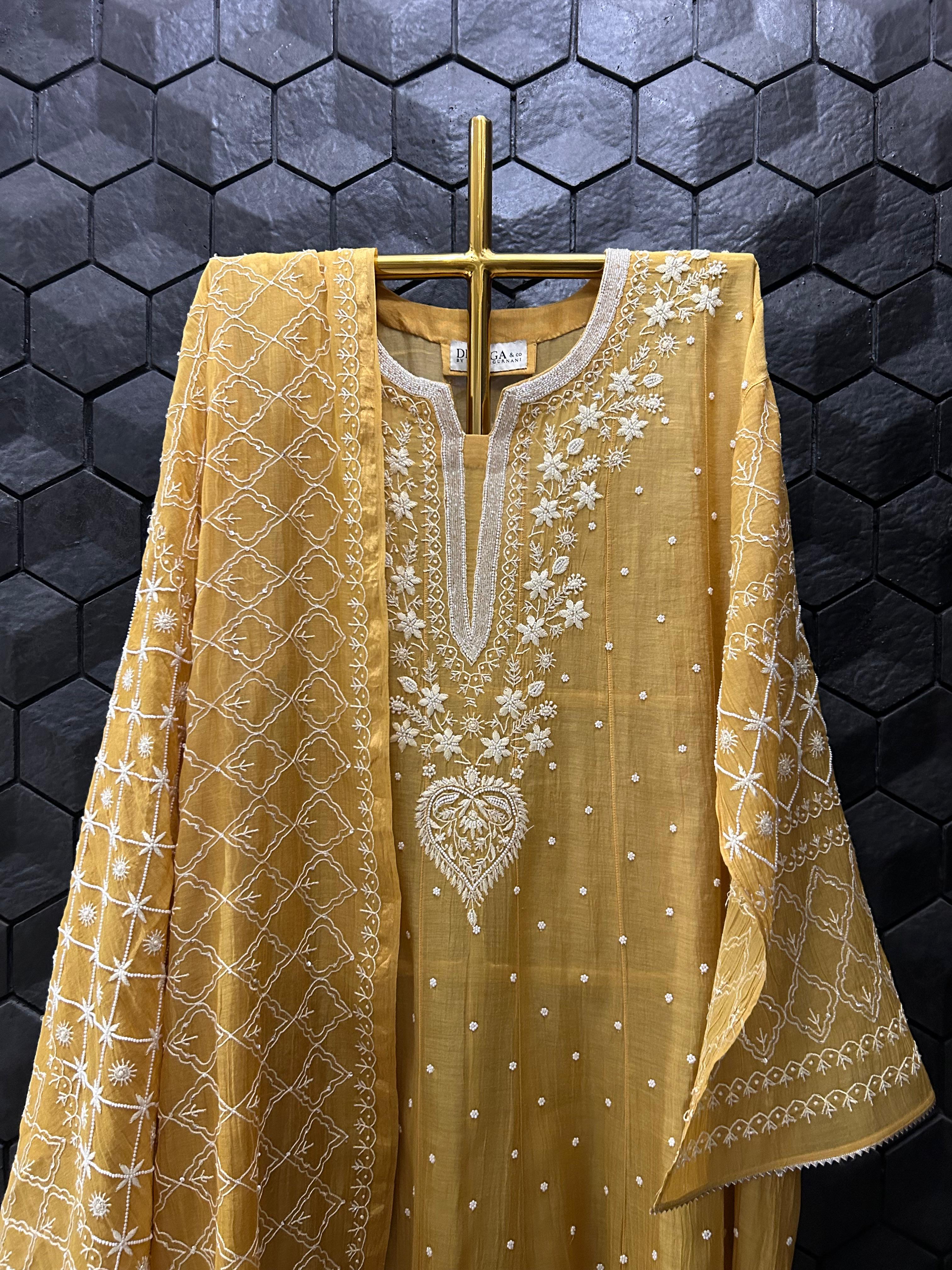Mustard Mul Chanderi Chikankari Anarkali Set