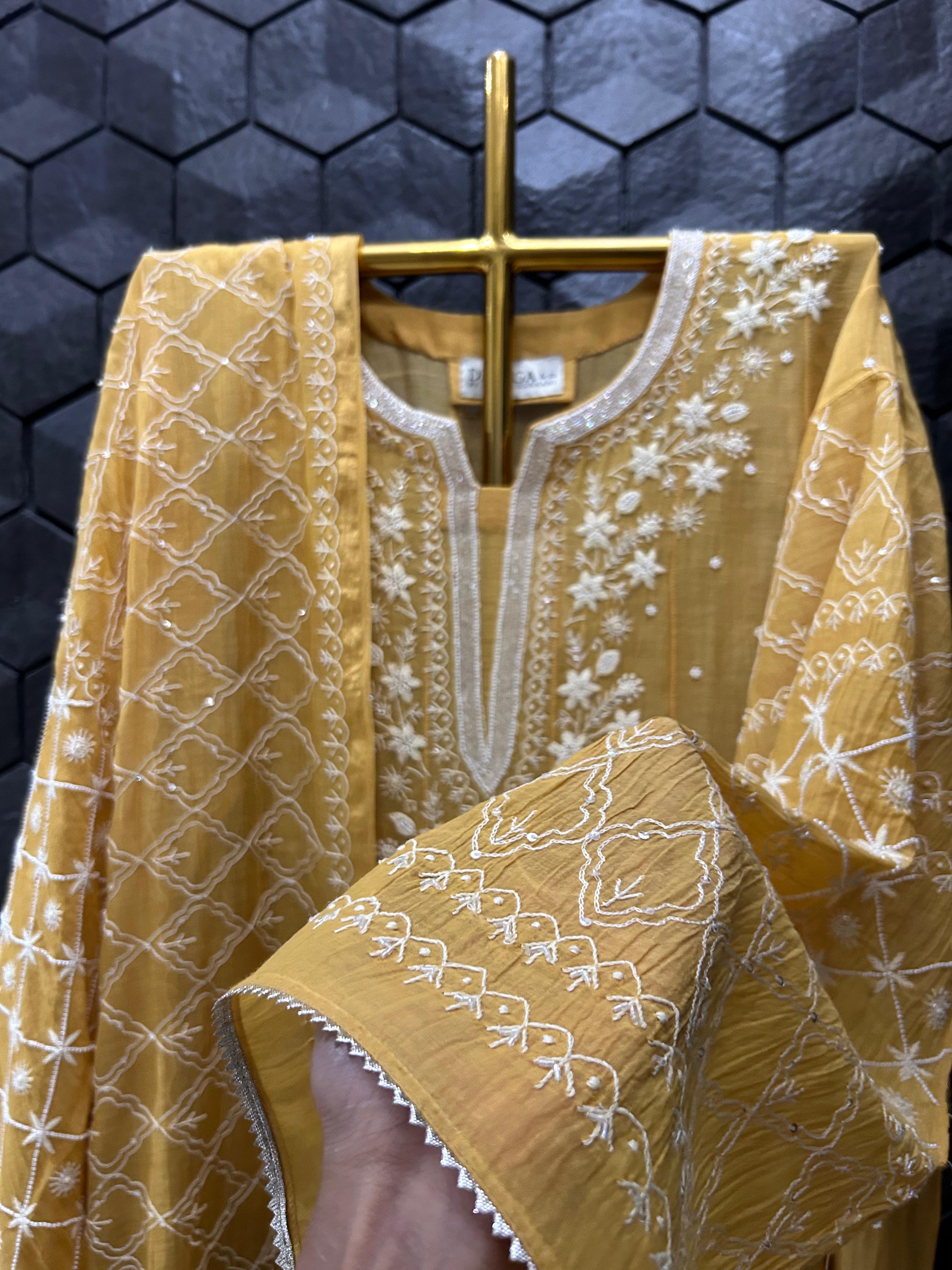 Mustard Mul Chanderi Chikankari Anarkali Set