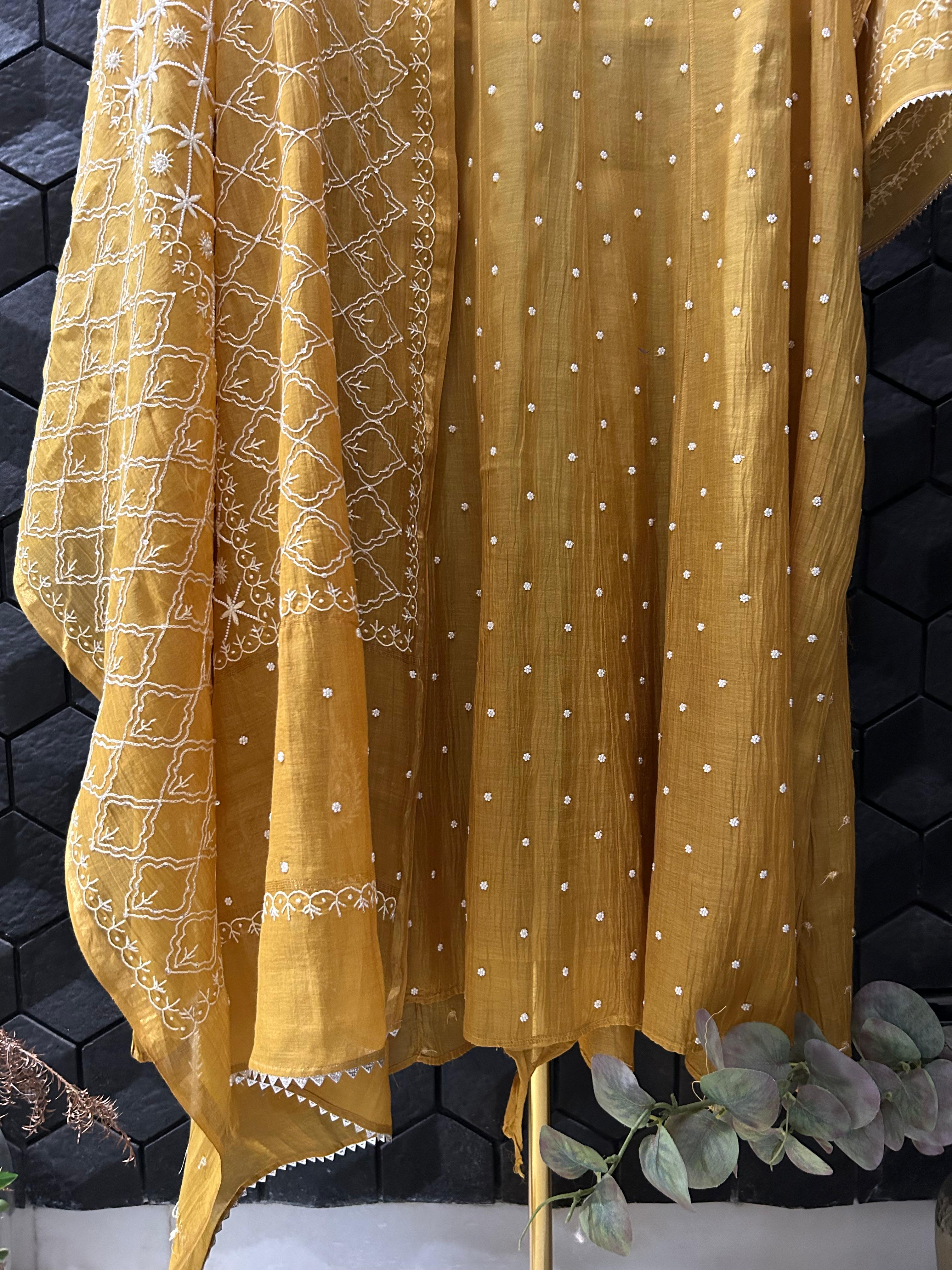 Mustard Mul Chanderi Chikankari Anarkali Set
