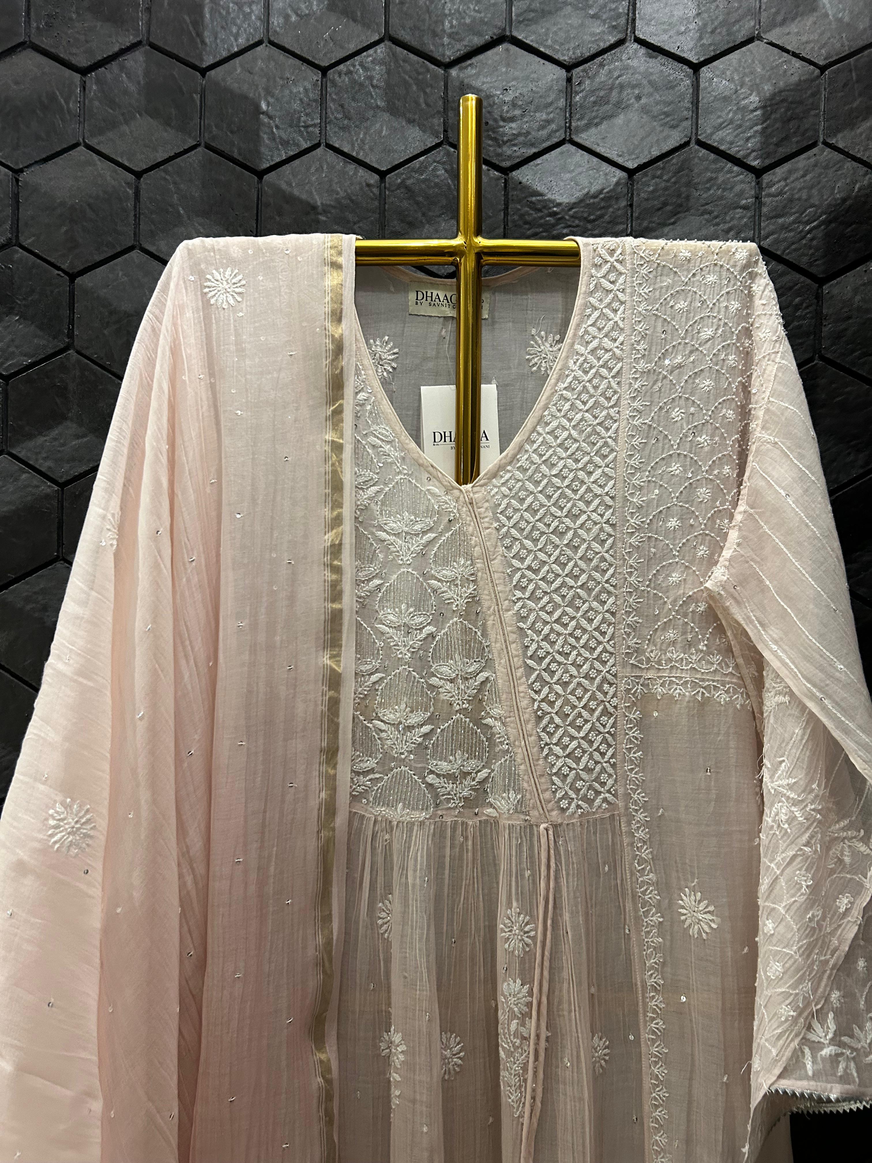 Pink Mul Chanderi Chikankari Kurta Set