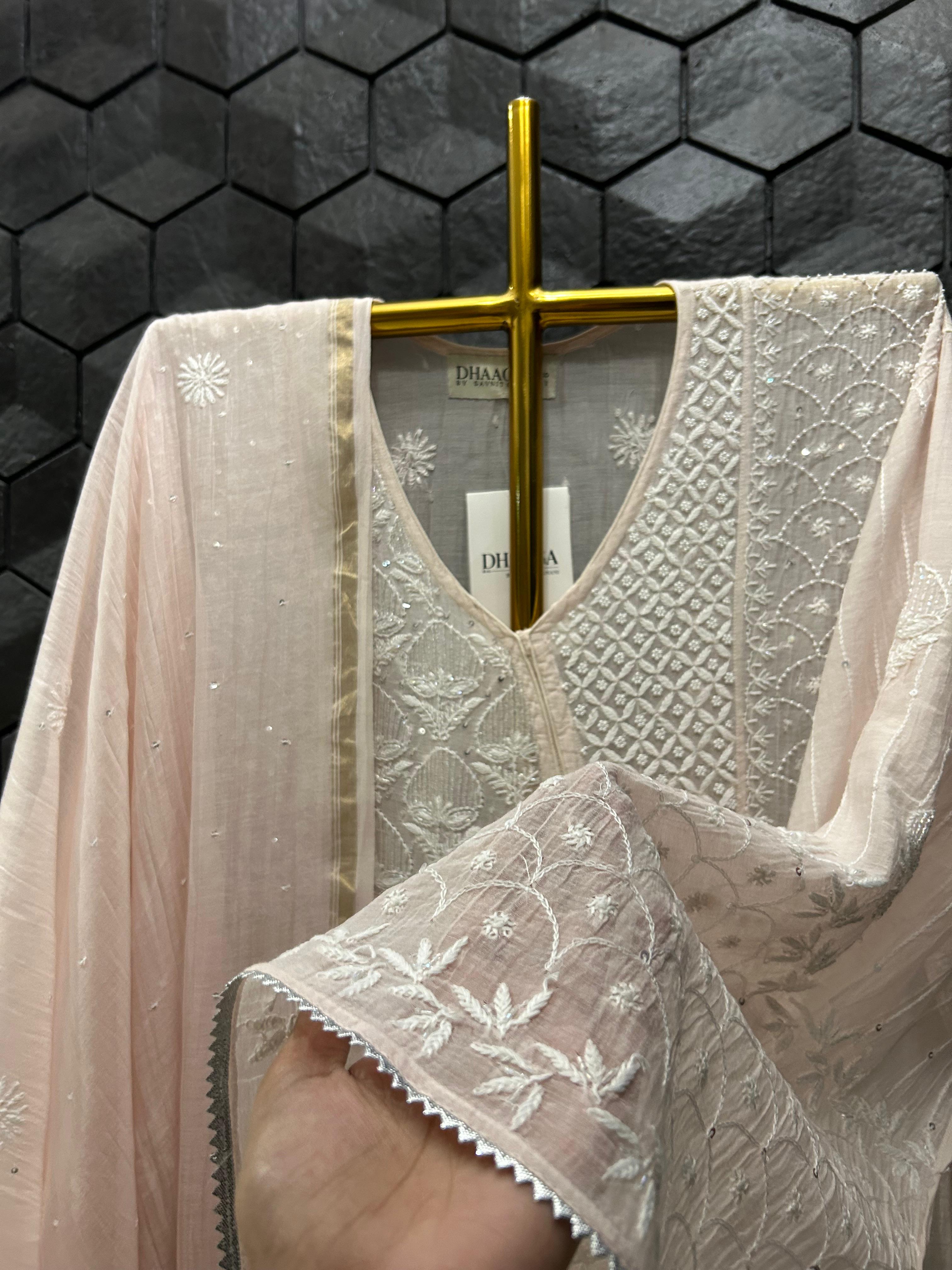 Pink Mul Chanderi Chikankari Kurta Set