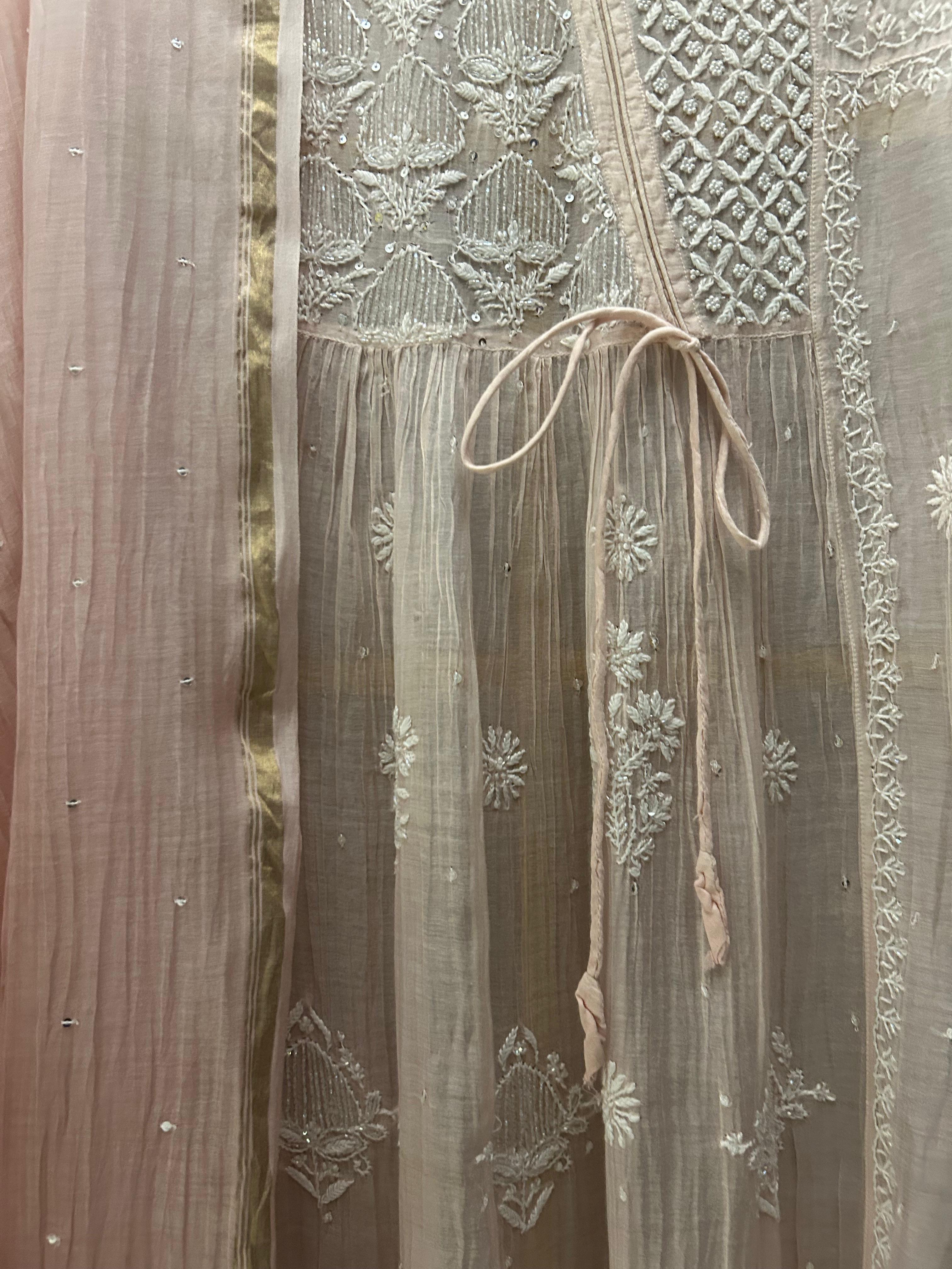 Pink Mul Chanderi Chikankari Kurta Set