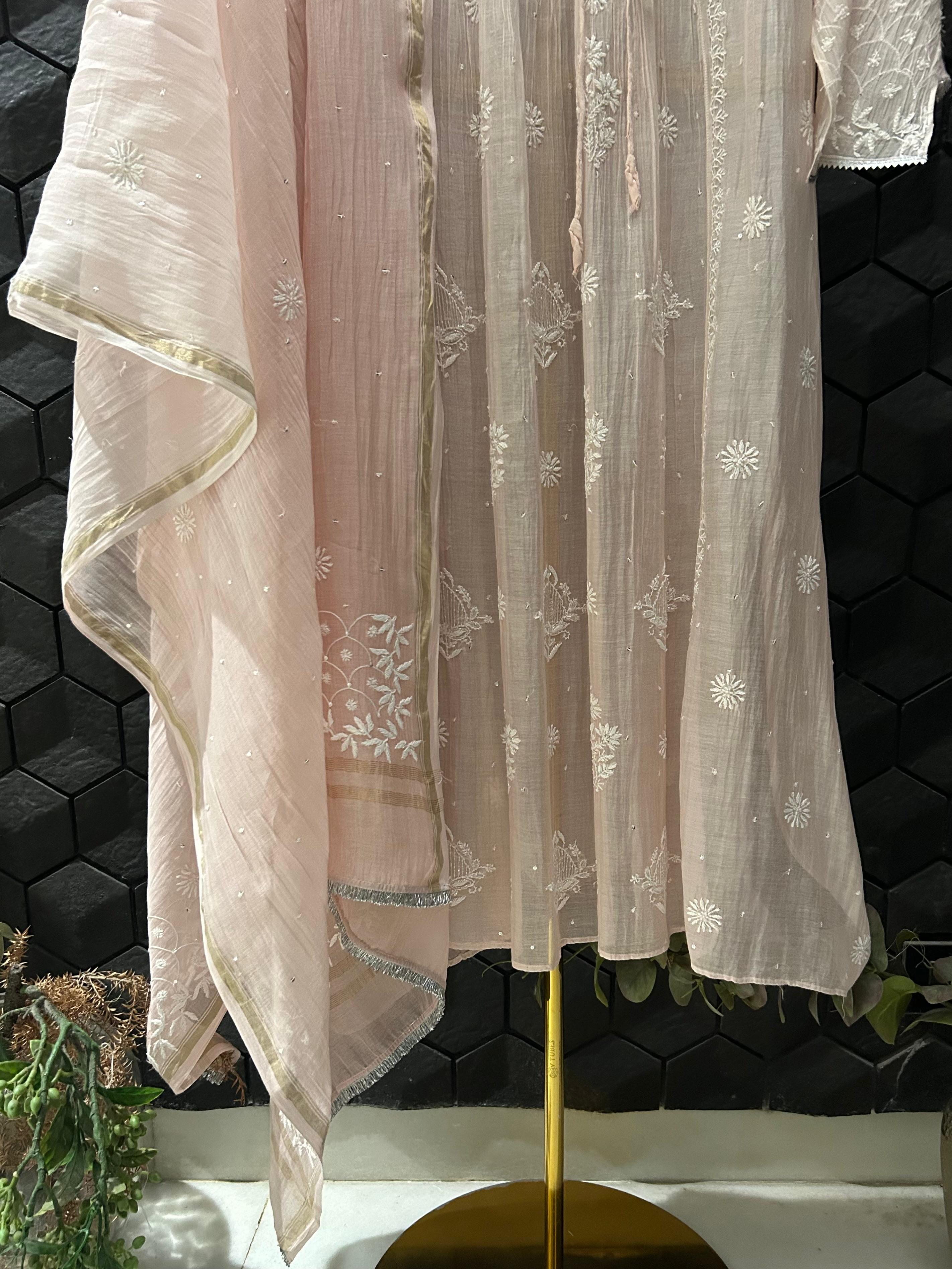 Pink Mul Chanderi Chikankari Kurta Set