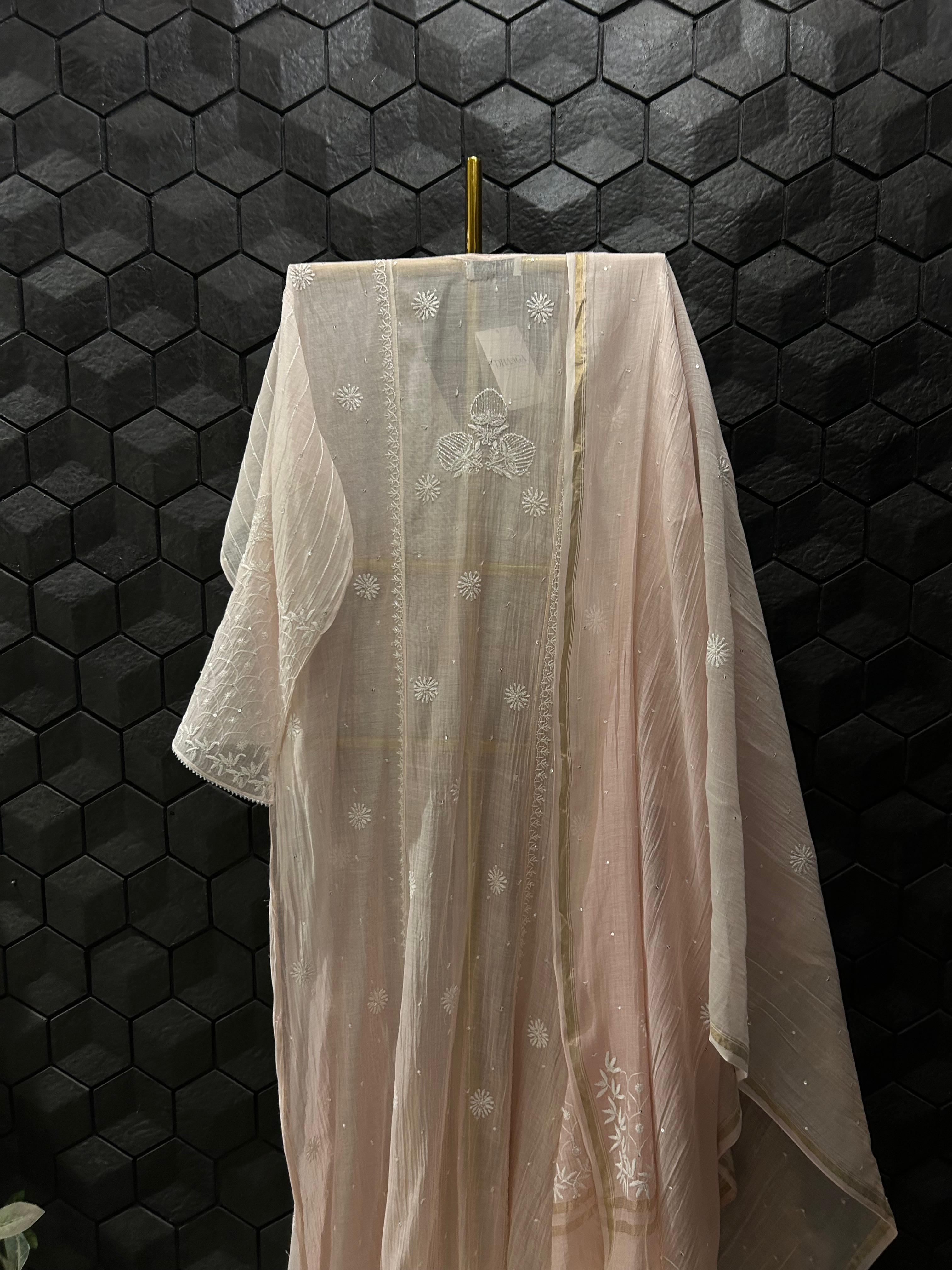 Pink Mul Chanderi Chikankari Kurta Set