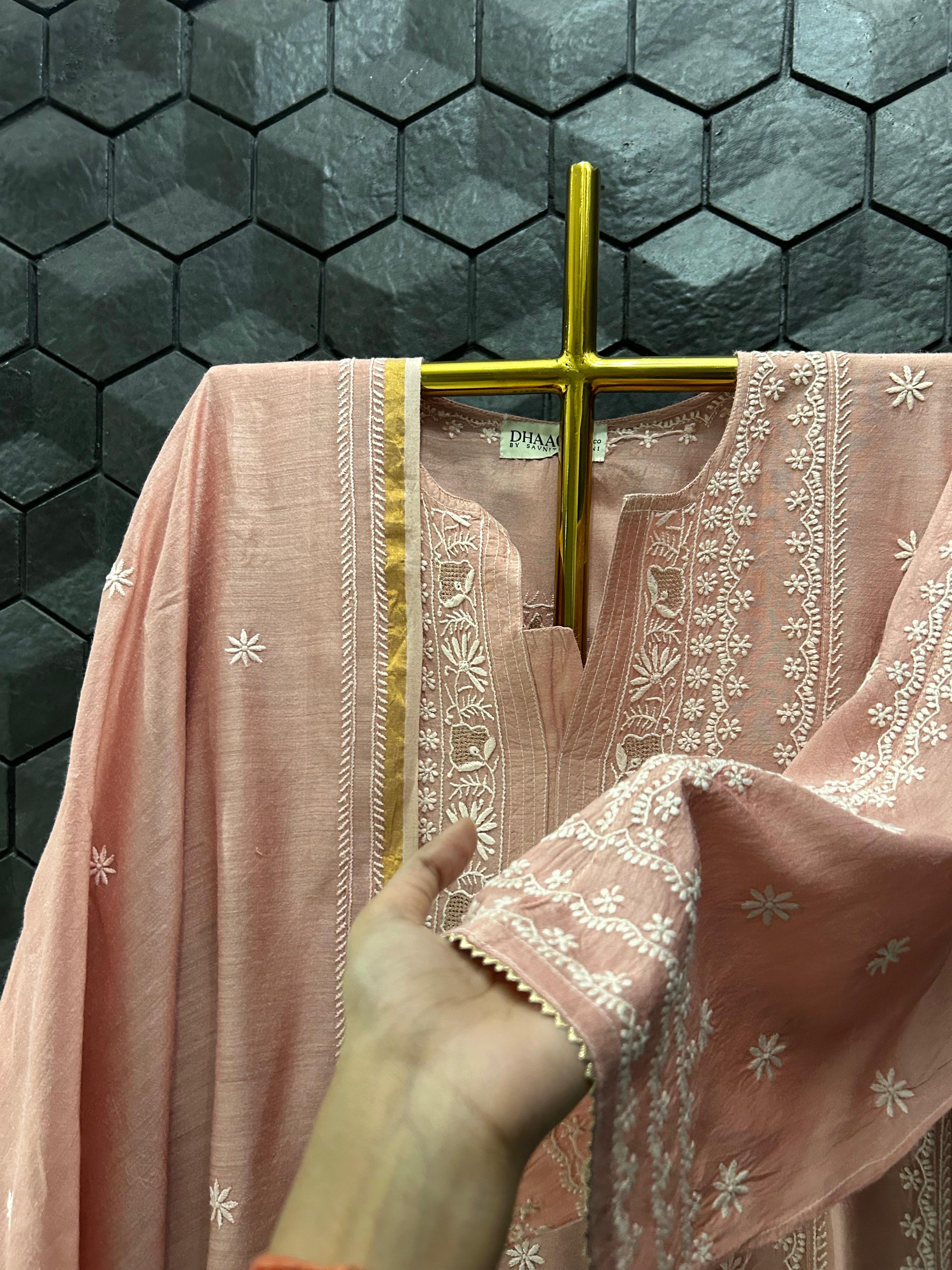 Pink Munga Silk Chikankari Kurta Set