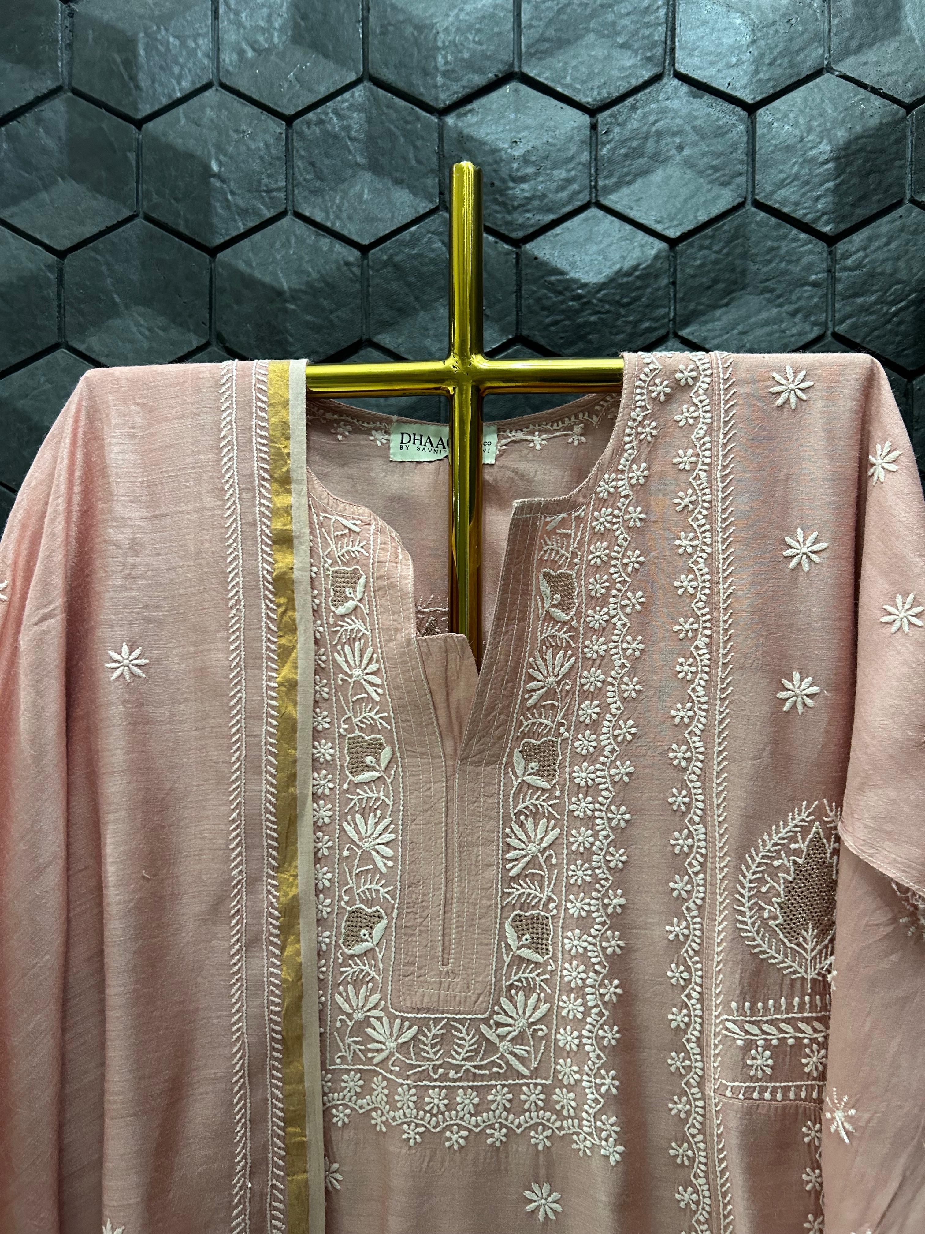 Pink Munga Silk Chikankari Kurta Set